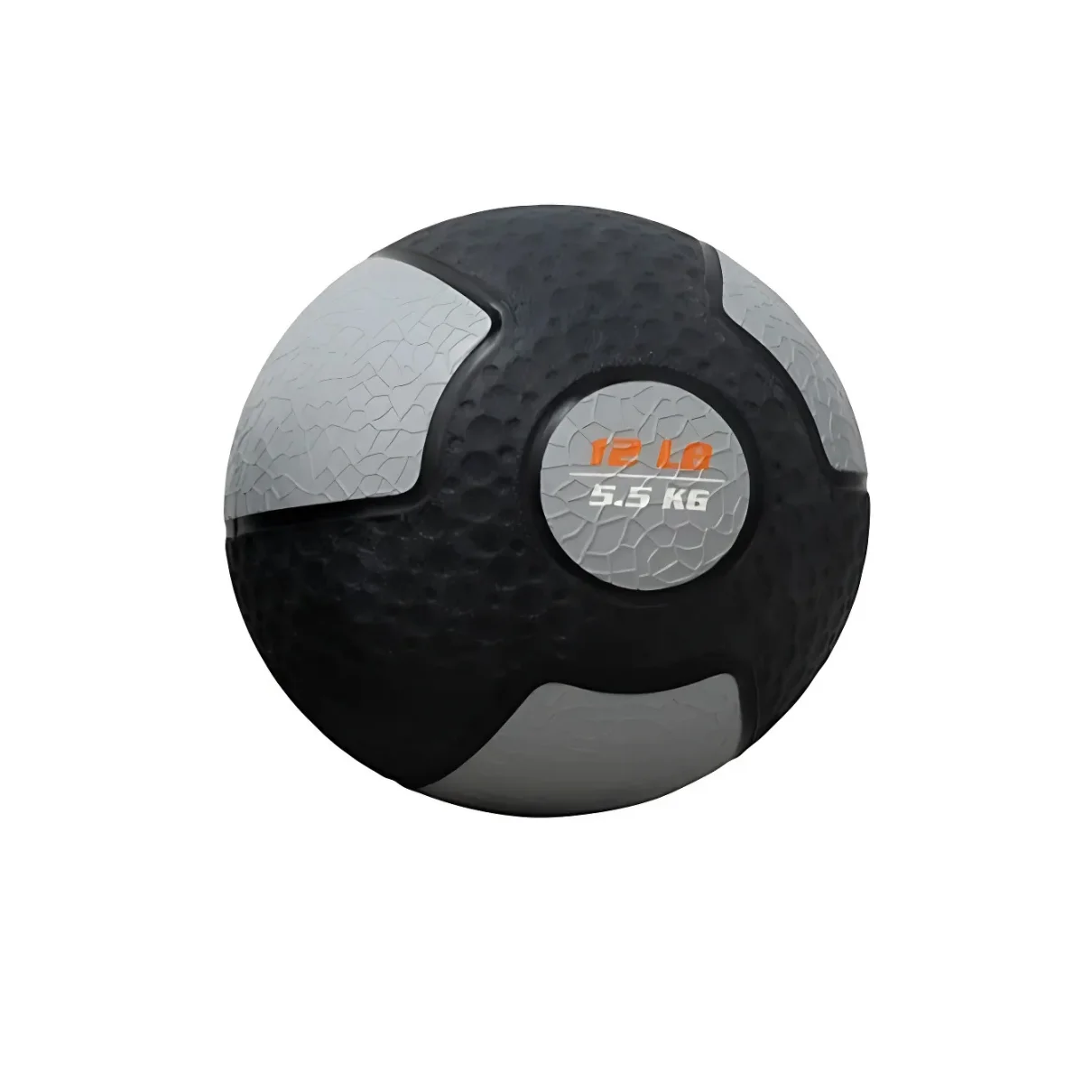 Ballon médicinal noir et gris avec marquages 12 lb et 5,5 KG, fond blanc.