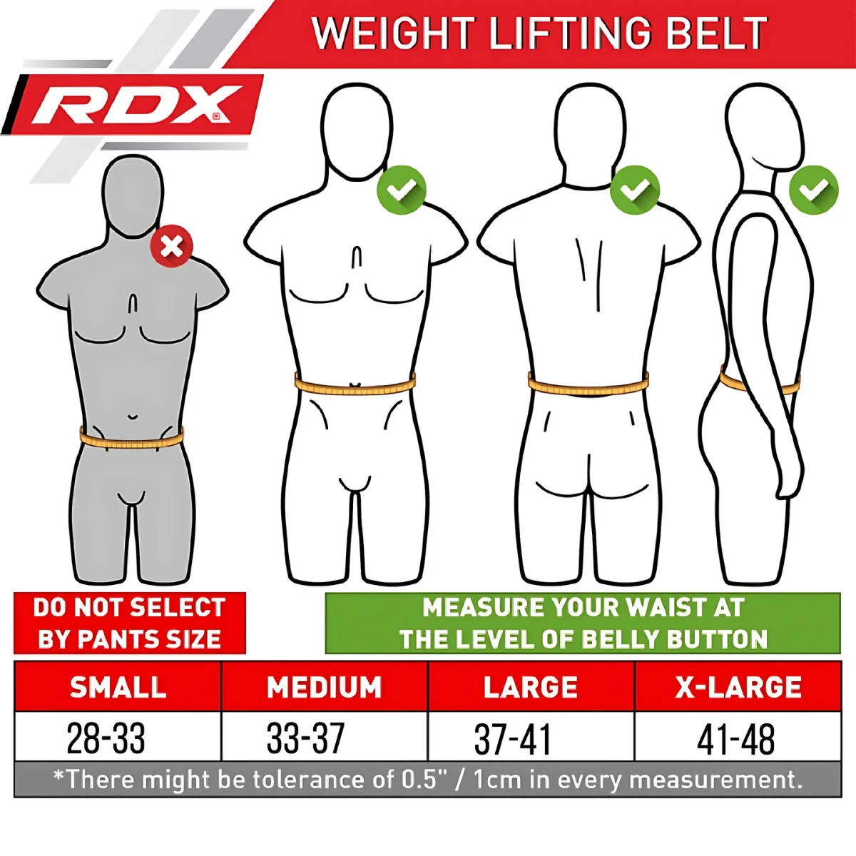 Diagram with size chart of weight lifting belts. Shows where to measure waist, and sizes are indicated.