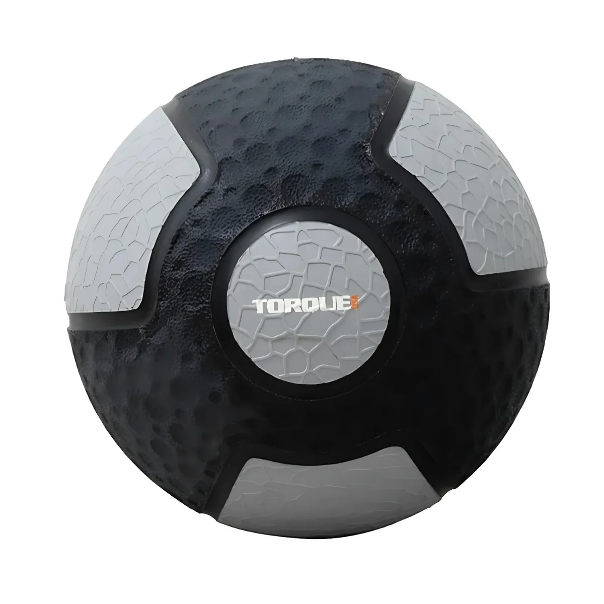 Ballon médicinal noir et gris avec une surface texturée. Le mot TORQUEZ est au milieu.