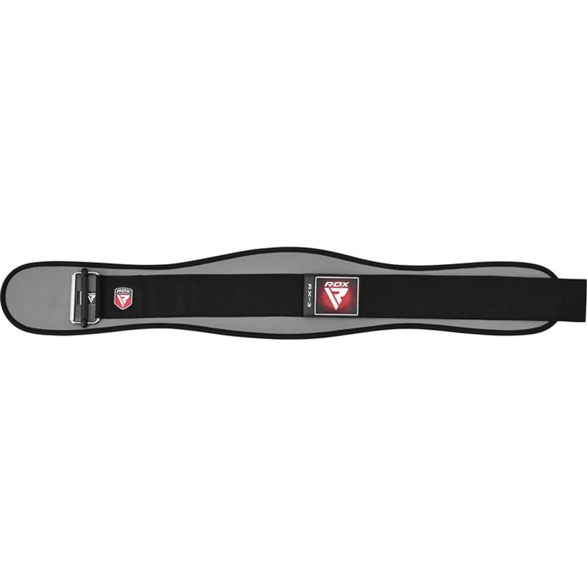 Gray and black weight lifting belt with an RDX logo. The belt is horizontal and buckles are visible.