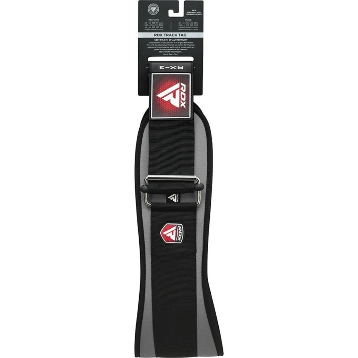 A weightlifting belt with a label. Black, grey, with a red logo and buckle. RDX logo visible.
