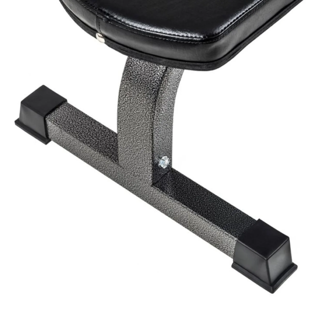 Gray metal weight bench frame with black padding on a white backdrop.
