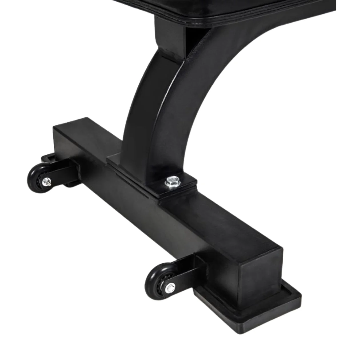 A weight bench leg. Black, with wheels for movement. Fastened with a bolt.