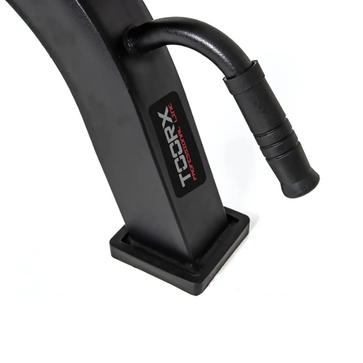 Black weight bench base with handle and logo on a white background.