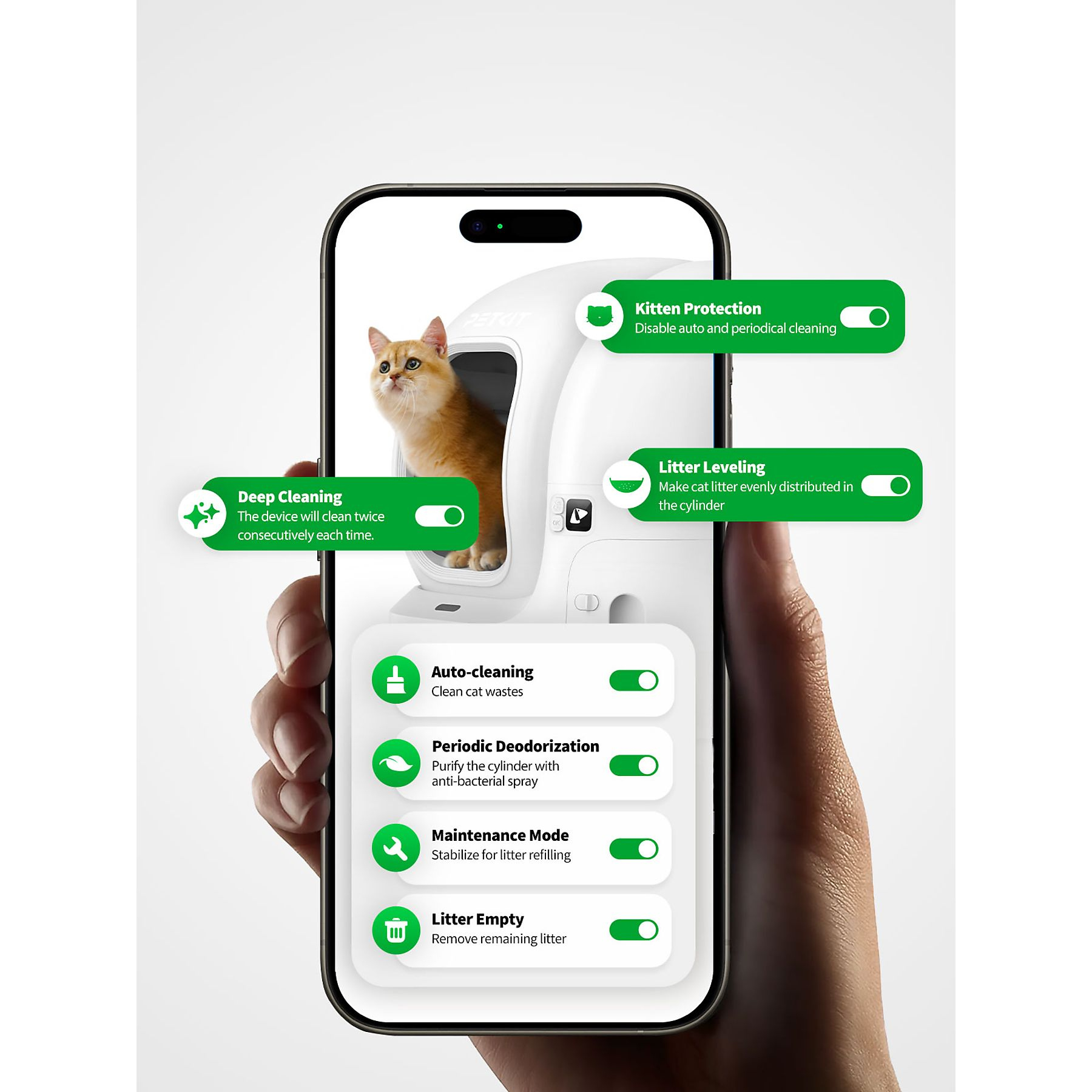 Een smartphone met een kattenbak met opties voor reiniging en onderhoud.