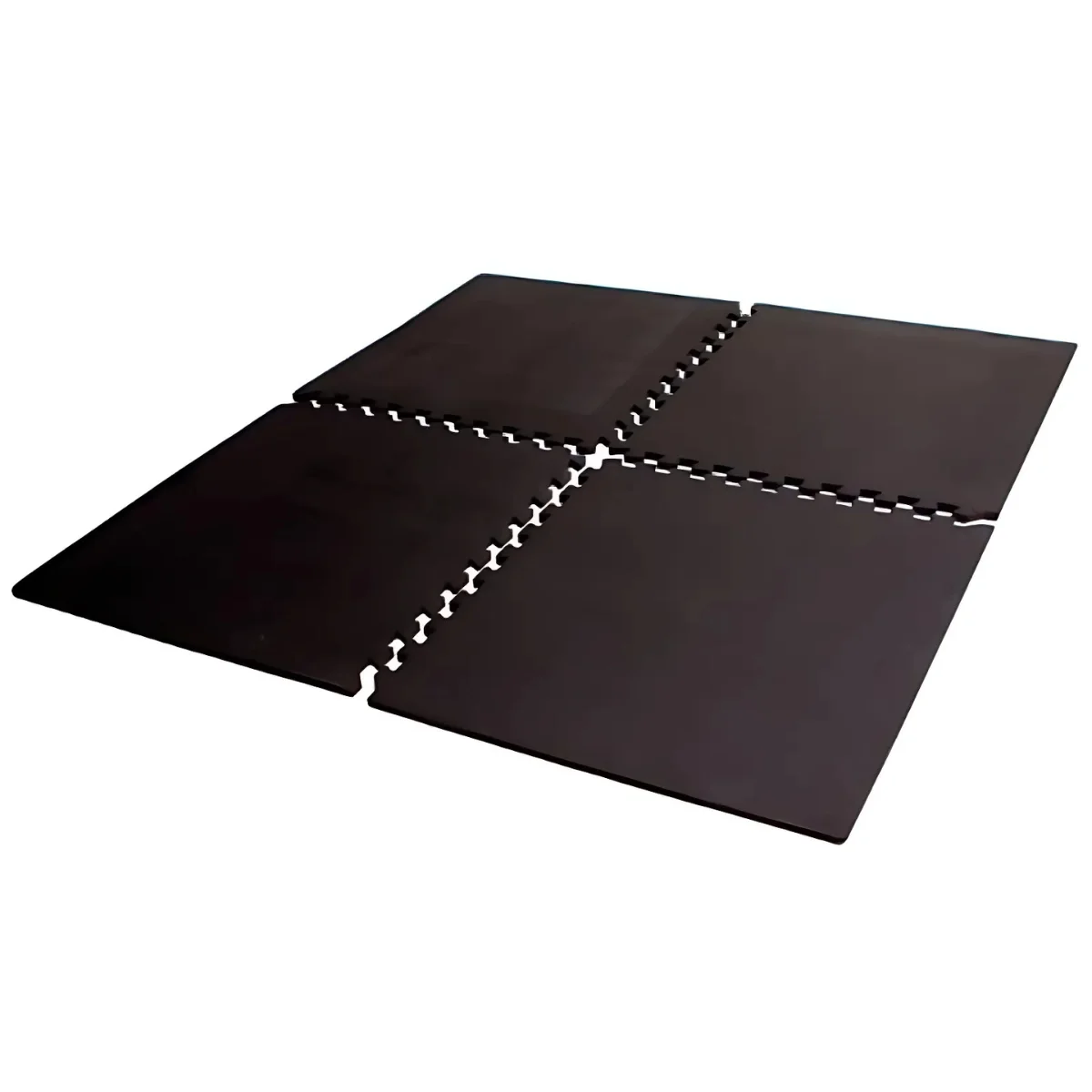 Four black interlocking floor mats on a white background, arranged in a square shape.