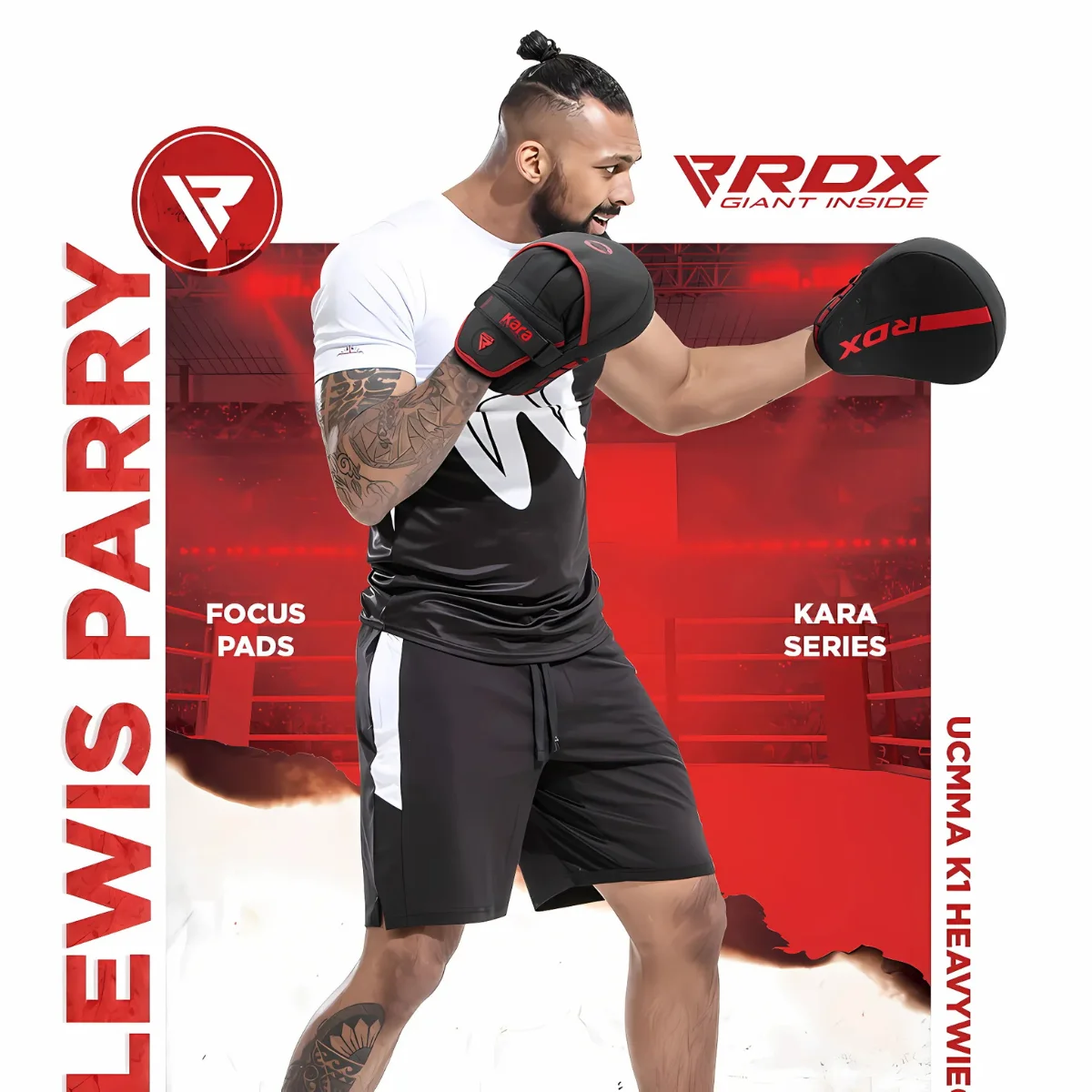 Boxer in black shorts and focus pads with text overlay: Lewis Parry.