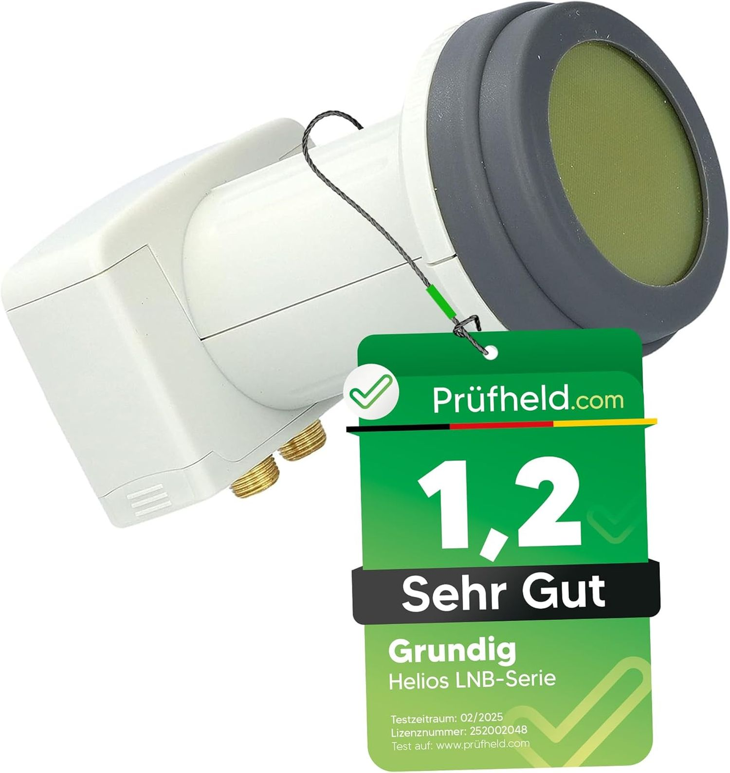 Ein Satellitenempfänger mit einem grün-weißen Etikett mit der Aufschrift 1,2 Sehr Gut.