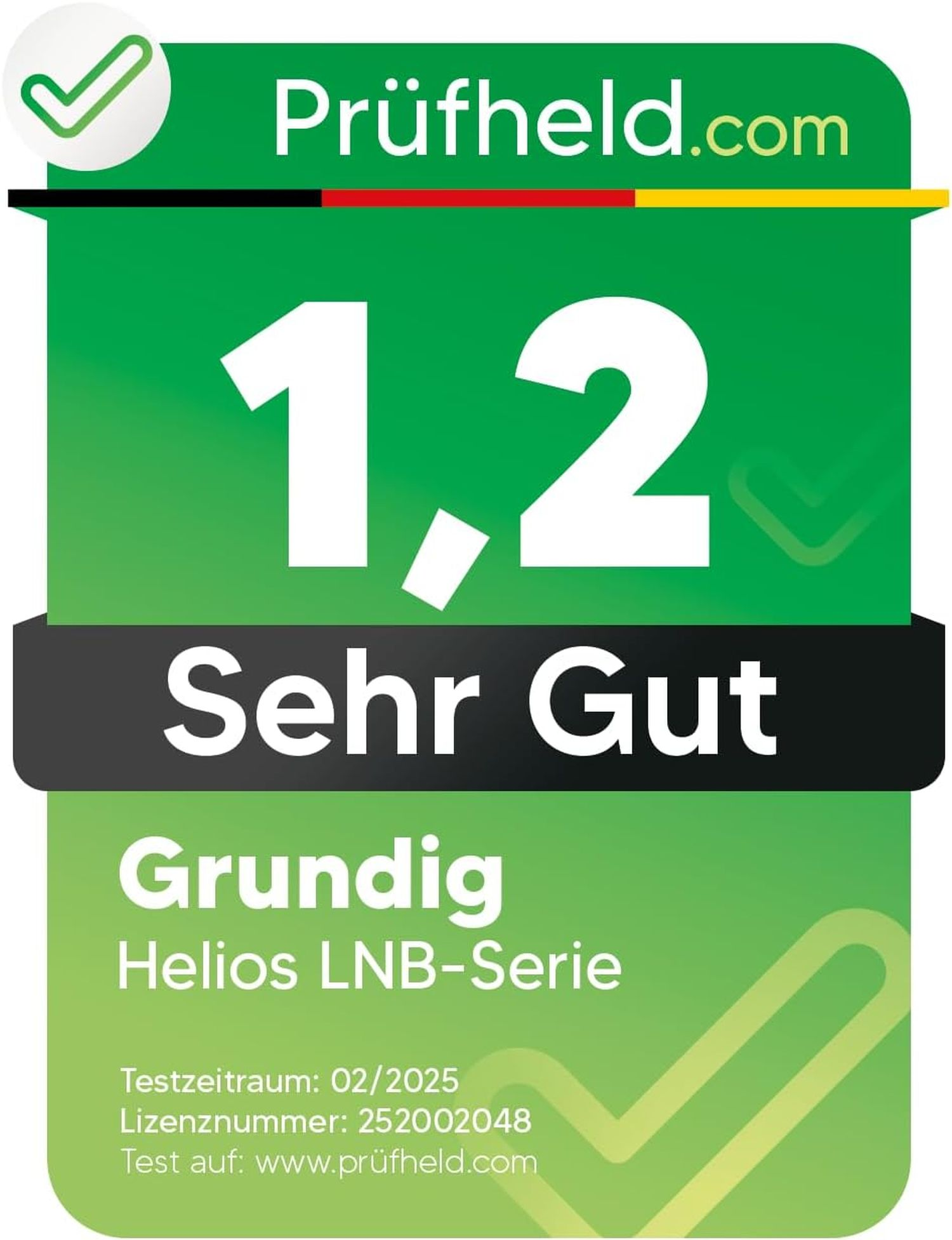 Ein grünes und weißes Pruefheld.com-Zertifikat mit der Note 1,2 und dem Text Sehr Gut.