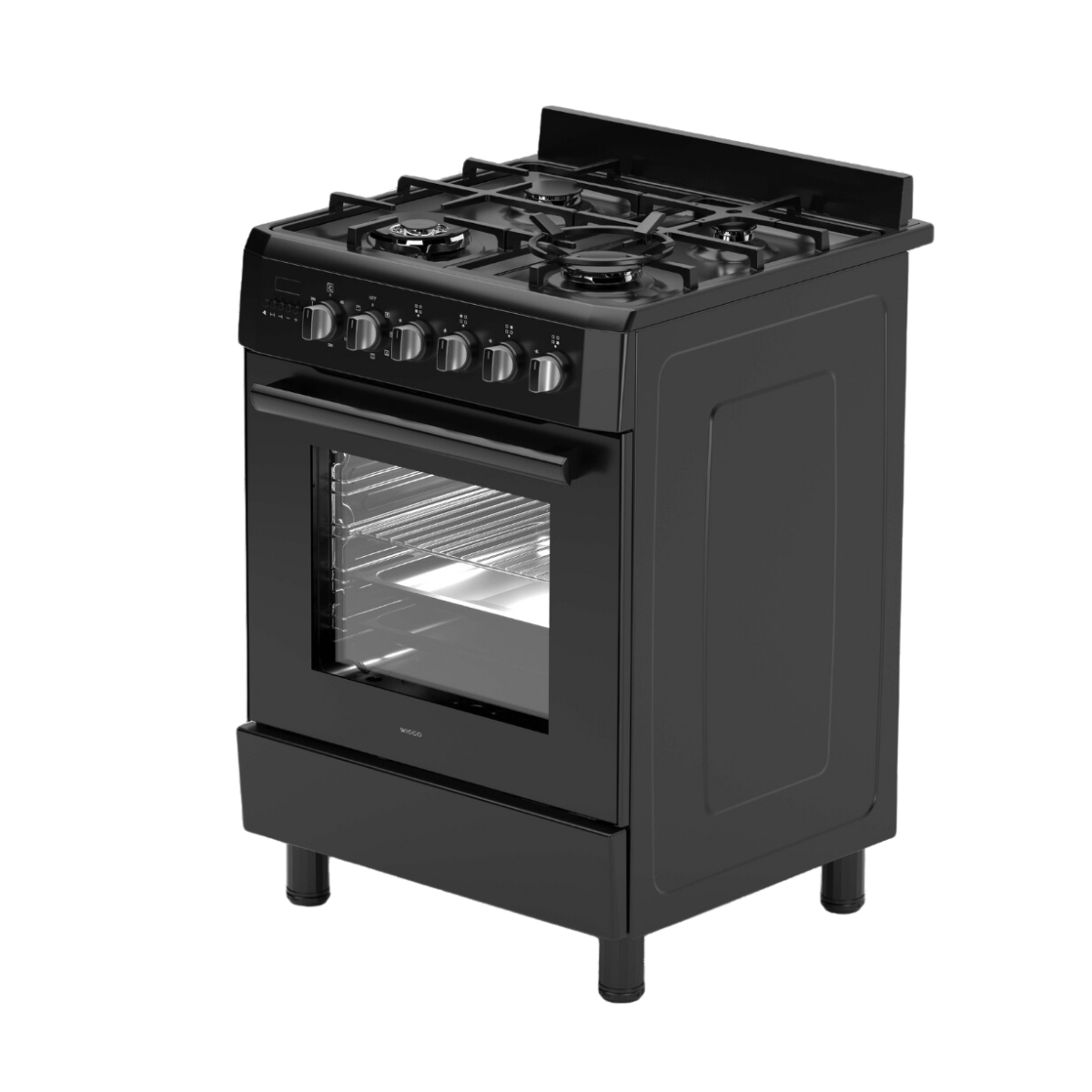 Zwart vrijstaand gasfornuis met vier branders, oven en een onderste opberglade. Schuine weergave.