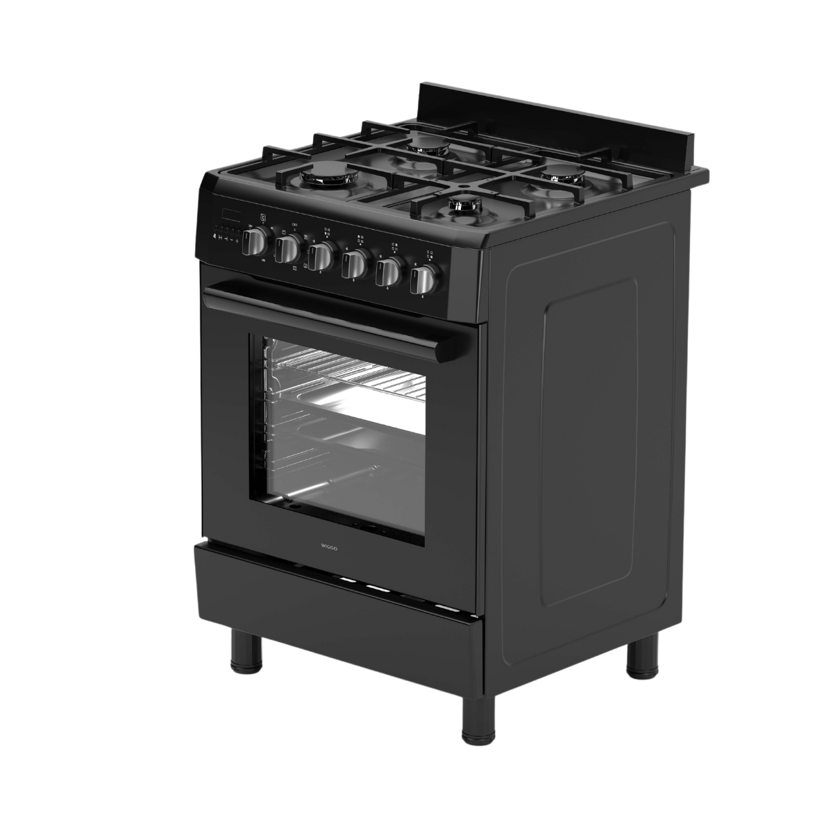 A black gas stove with four burners and an oven. It is on a black background. The knobs are visible.