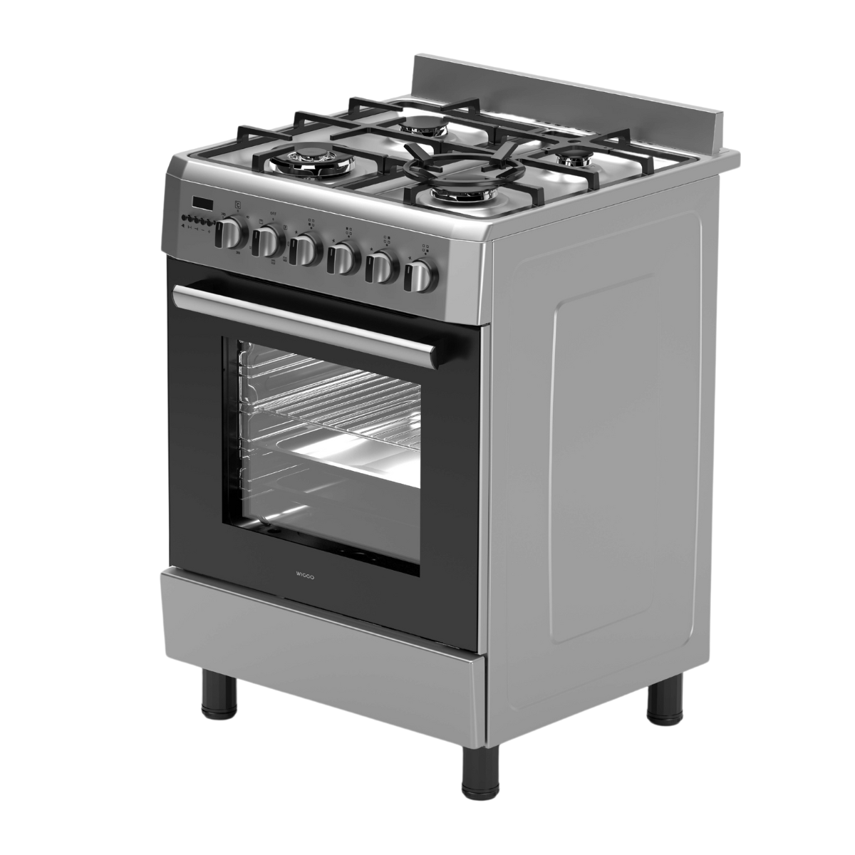 Een roestvrijstalen gasfornuis met vier branders en een glazen ovendeur.