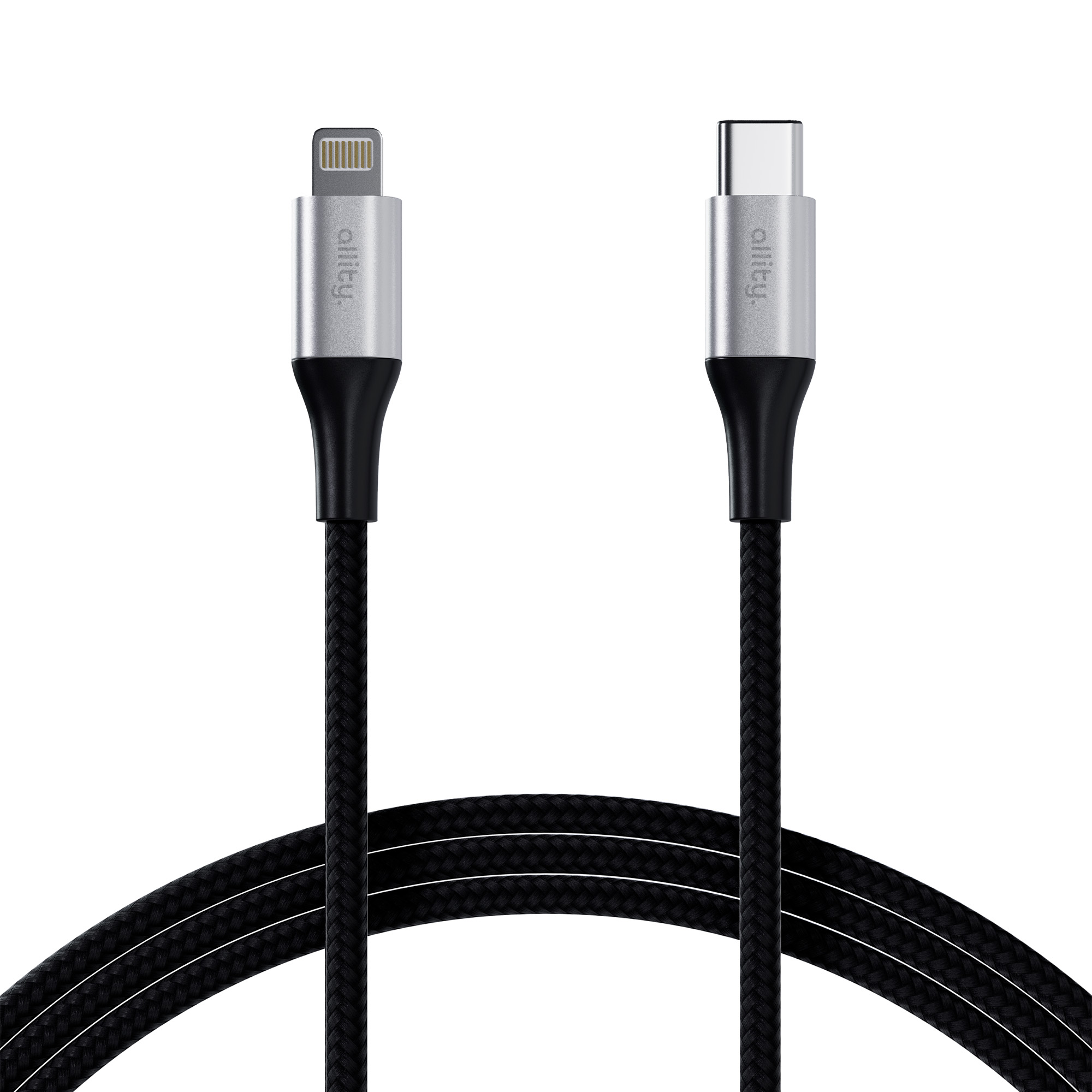 Dwa kable do ładowania. Jeden ze złączem Lightning, jeden z USB-C. Czarny i srebrny. Białe tło.