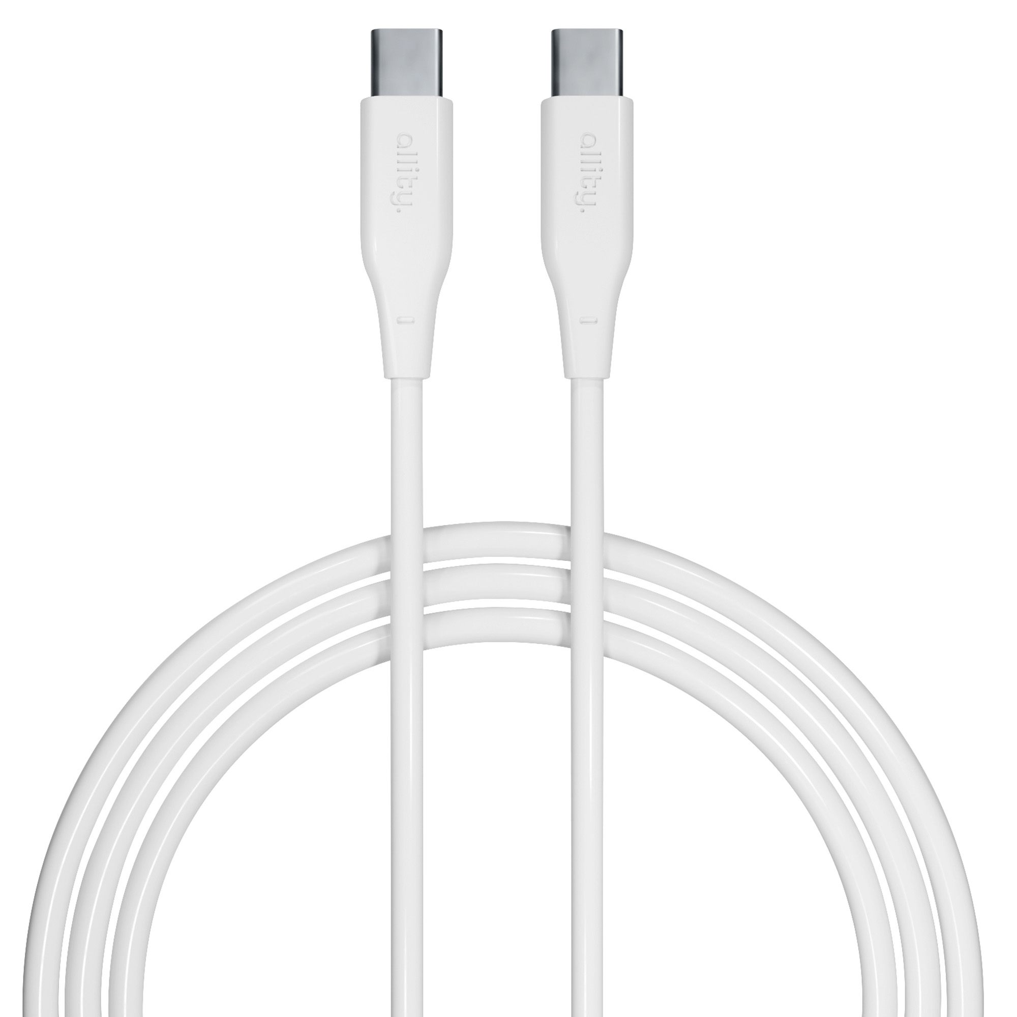 Dwa białe kable USB-C z nazwą marki allity. Białe tło.