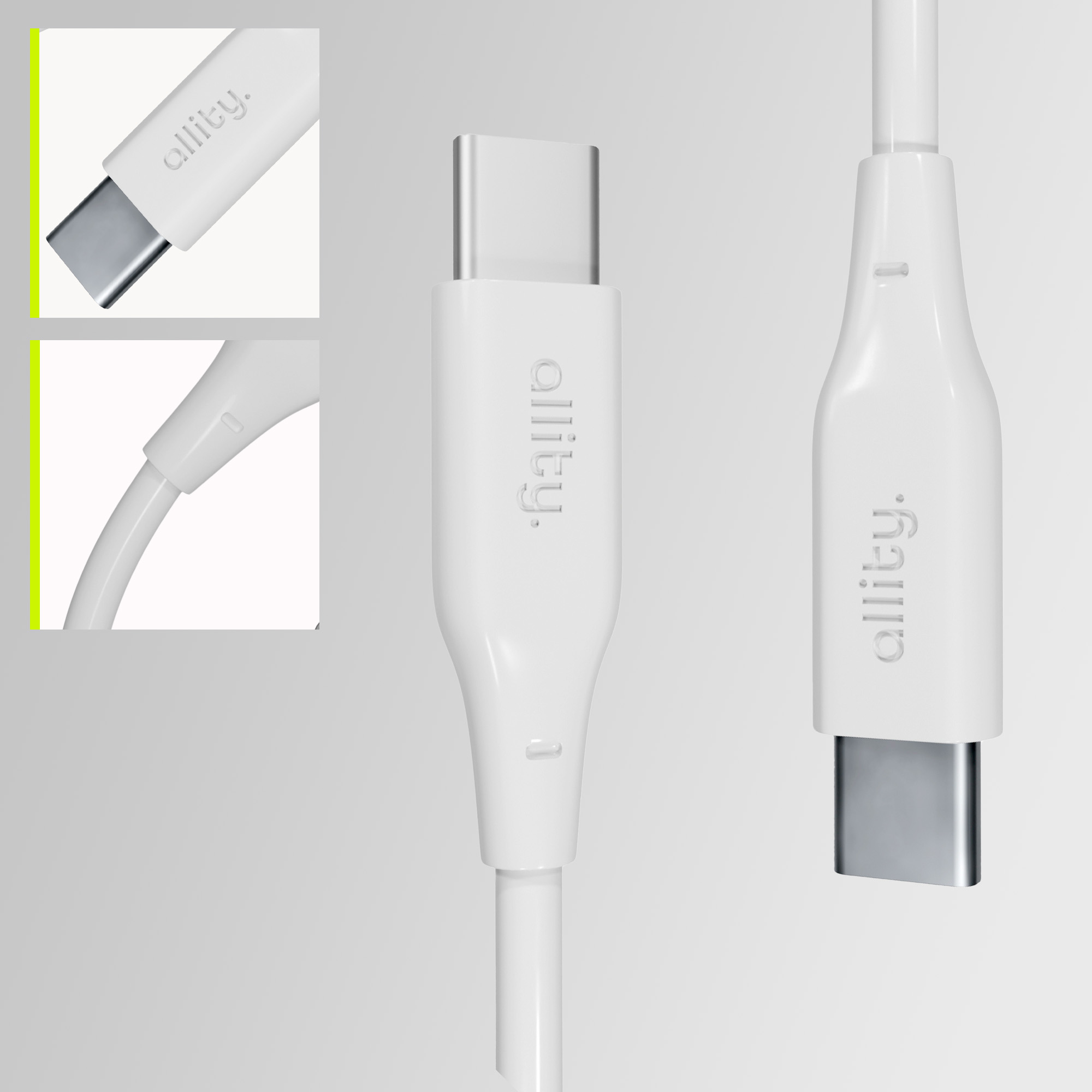 Biały kabel ładujący USB-C z nadrukowaną marką „allity” i zbliżenie.