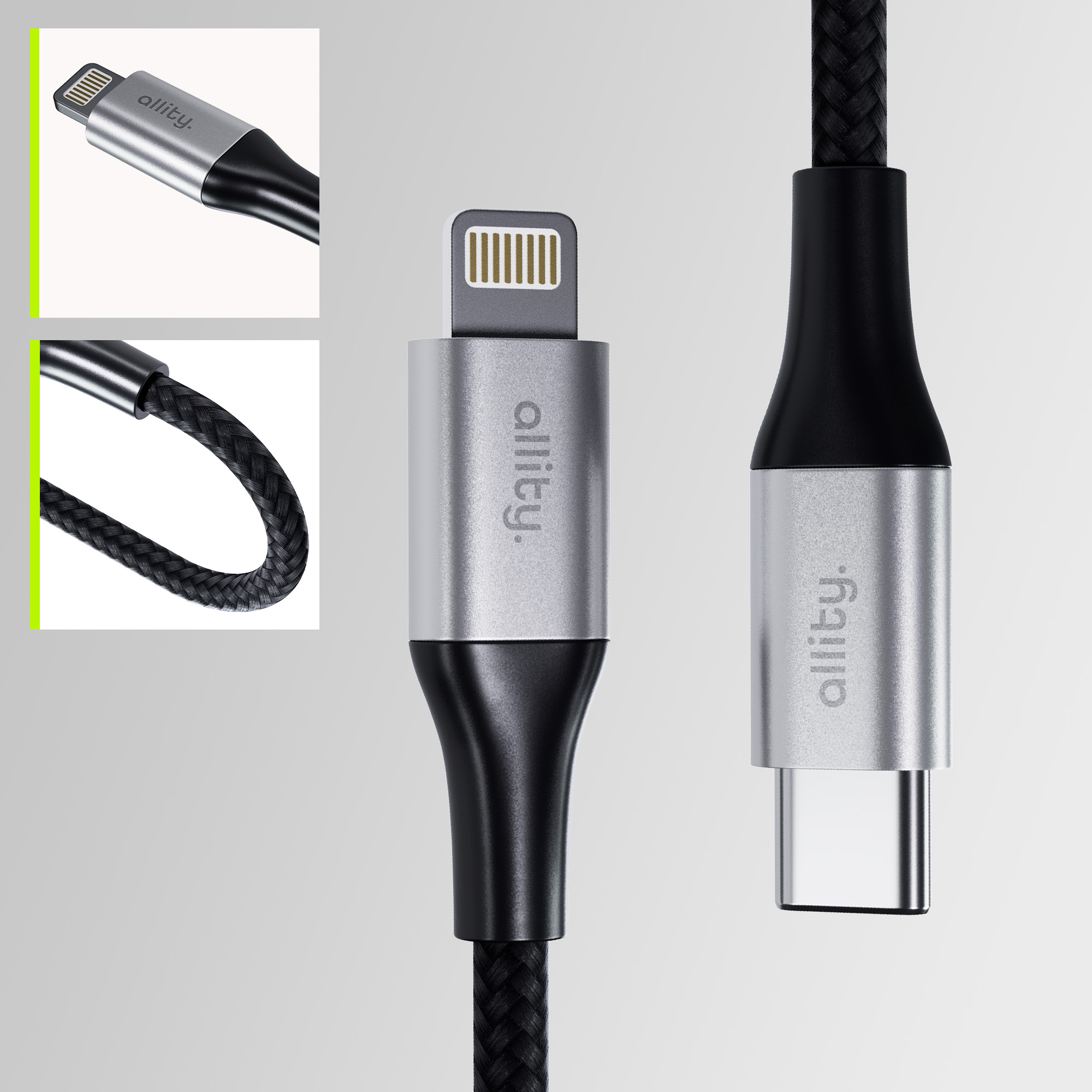 Dwa kable ładujące z różnymi złączami, pokazujące porty USB i Lightning.