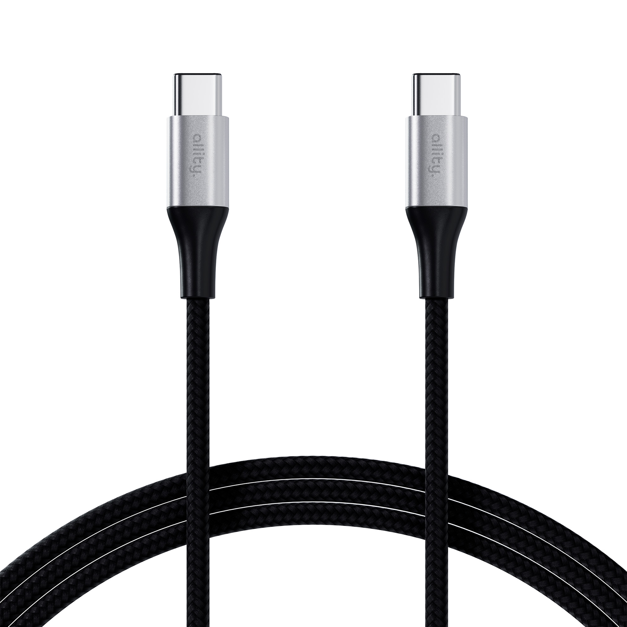 Dwa czarne kable USB-C ze srebrnymi złączami, oznaczone 'allity', na białym tle.