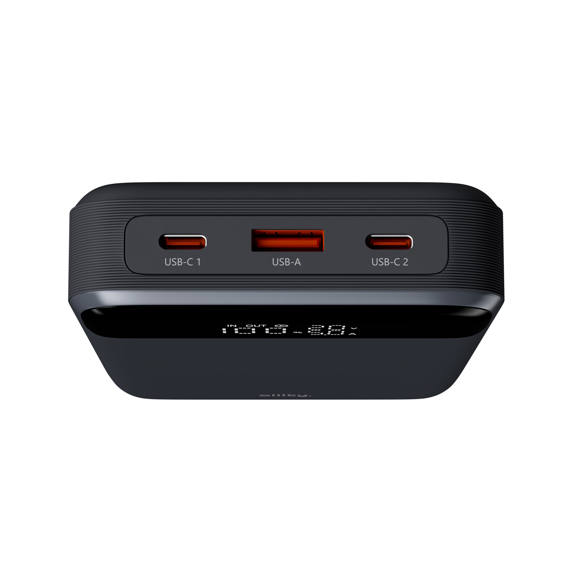 Czarny power bank z portami USB i wyświetlaczem. Białe tło.