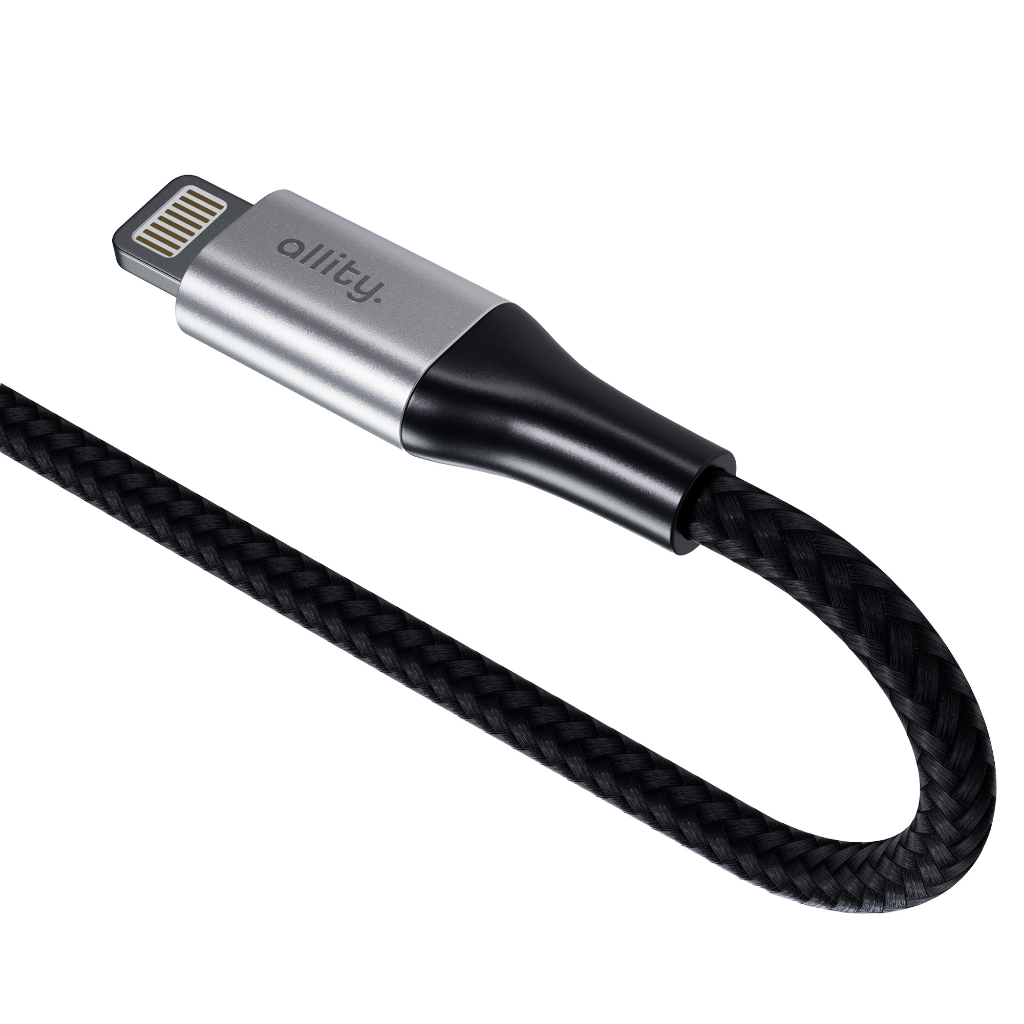Kabel Lightning ze srebrno-czarnym złączem i czarnym plecionym kablem.