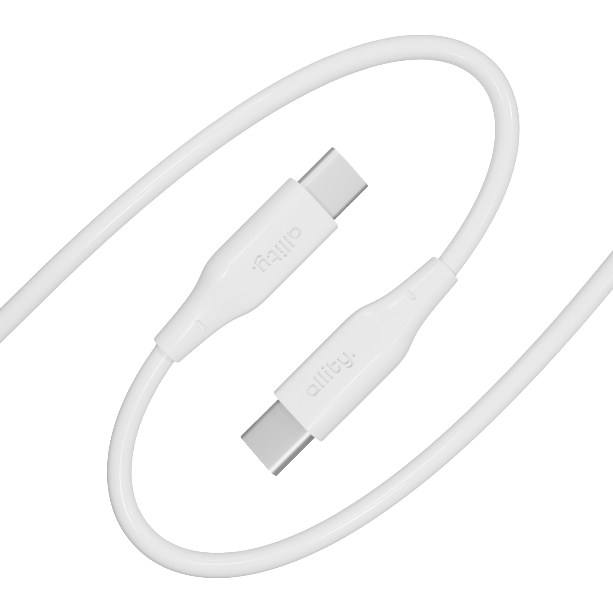 Biały kabel USB-C z nazwą "allfity" wydrukowaną na złączach.