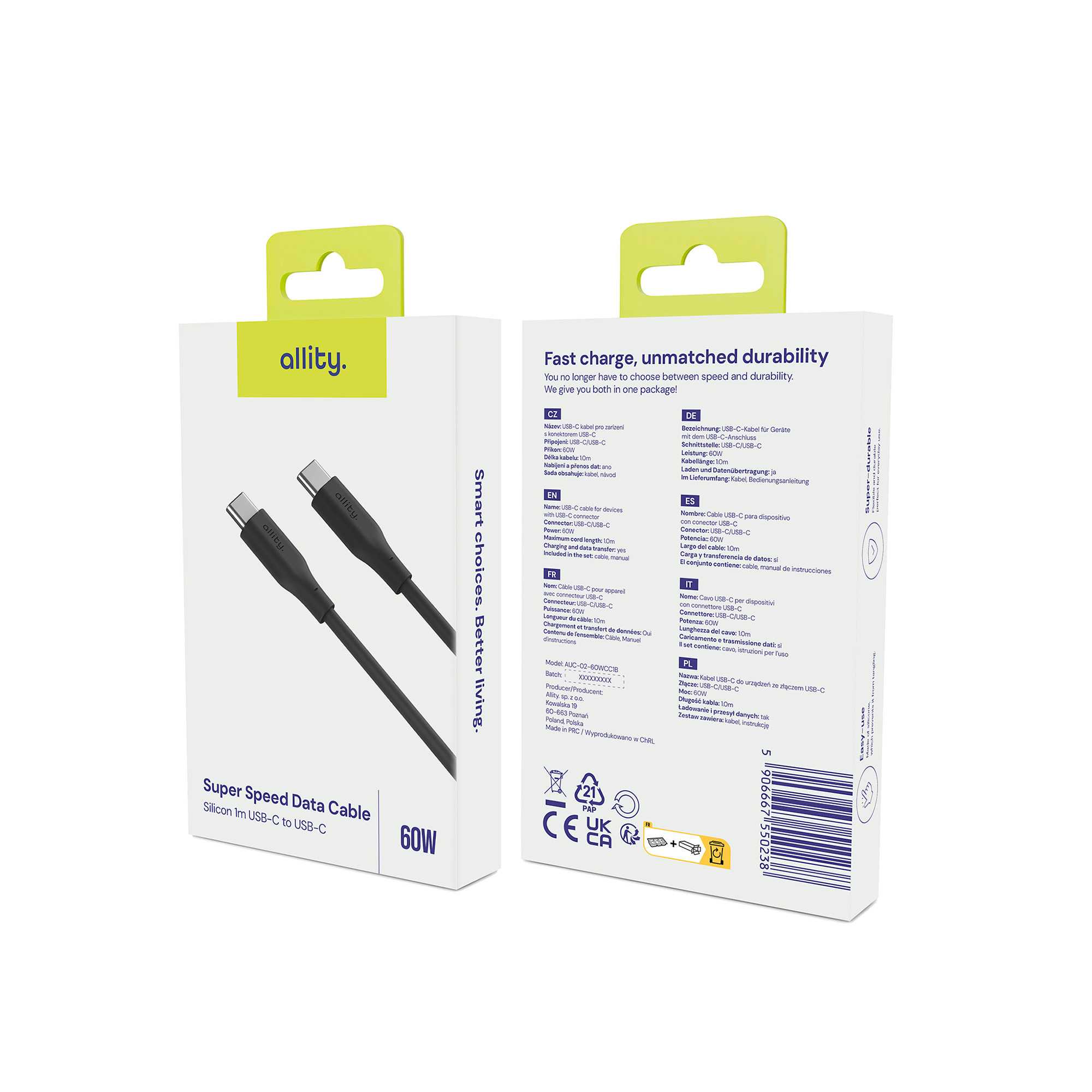 Pokazano pudełko z kablem USB-C i informacjami o produkcie.
