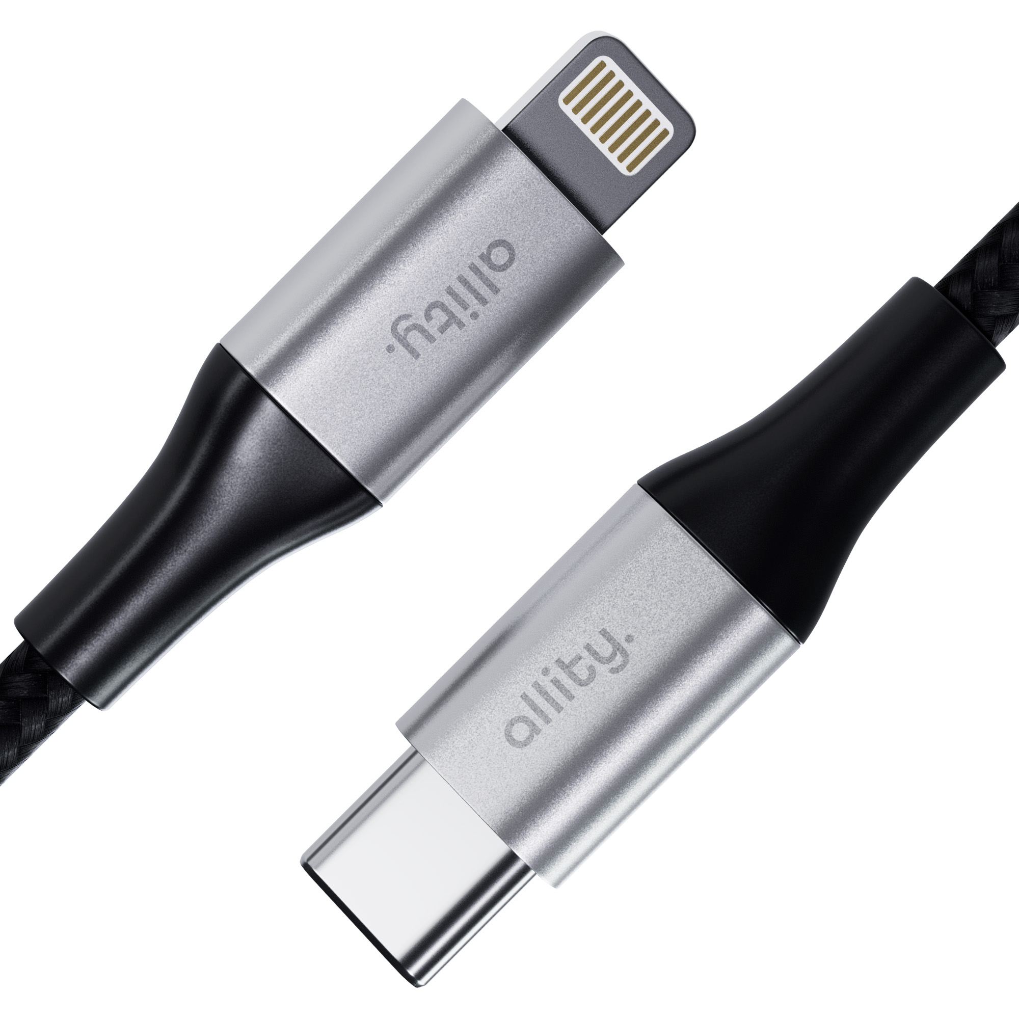 Srebrny i czarny kabel do ładowania allity z USB-C i złączem lightning. Kabel jest na pierwszym planie.
