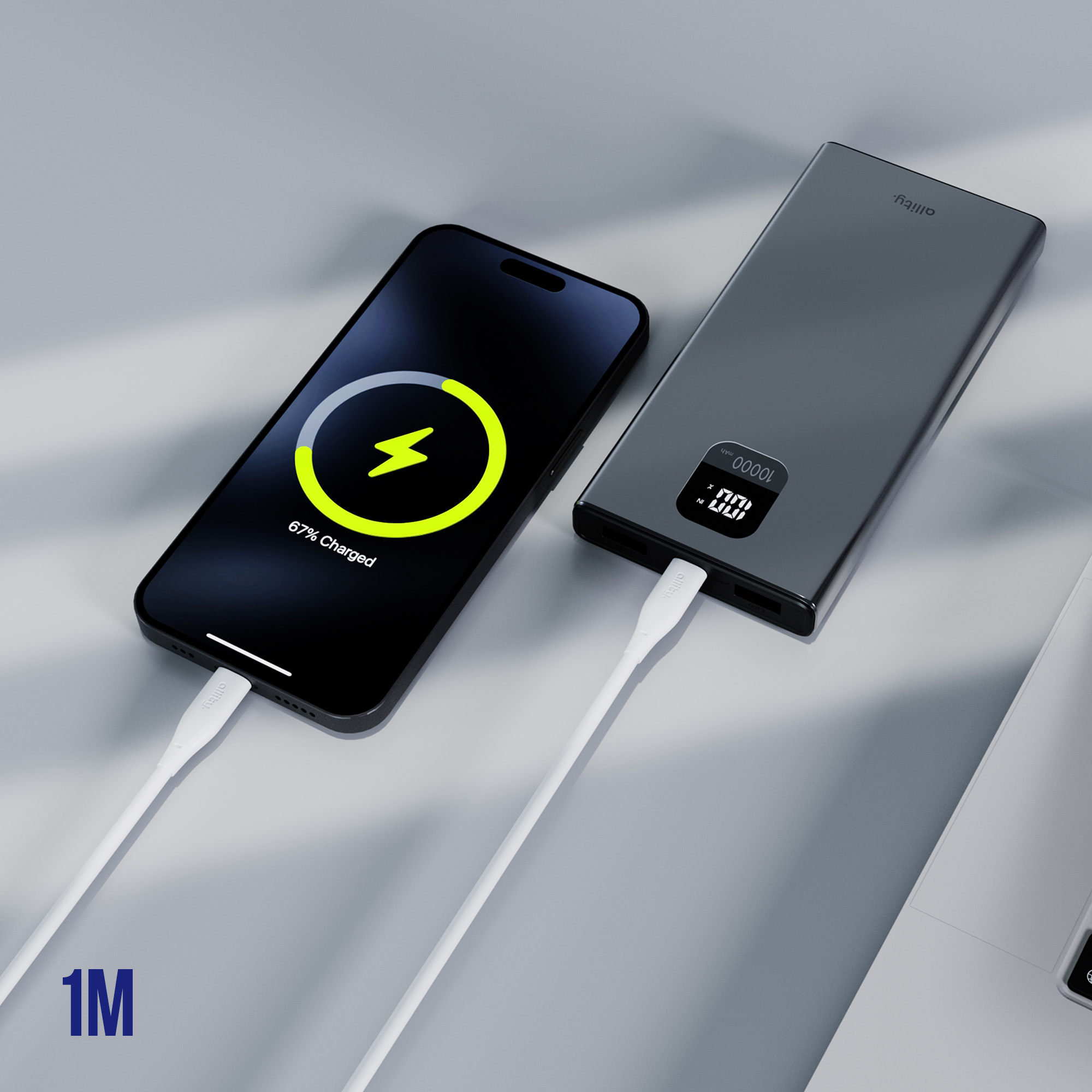 Telefon ładujący się z power banku. Ekran telefonu pokazuje ładowanie. Power bank z cyfrowym wyświetlaczem.