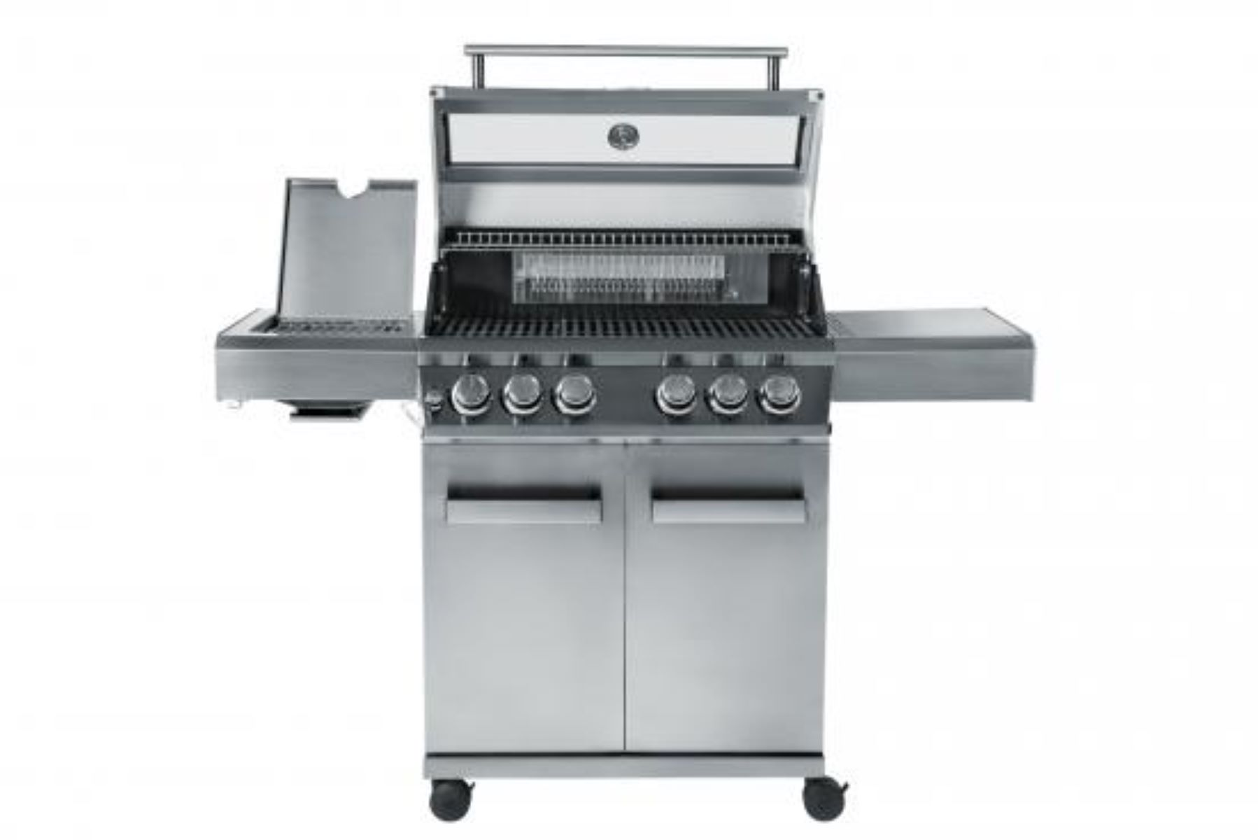 Edelstahlgrill mit Haube, Knöpfen und Schrank.