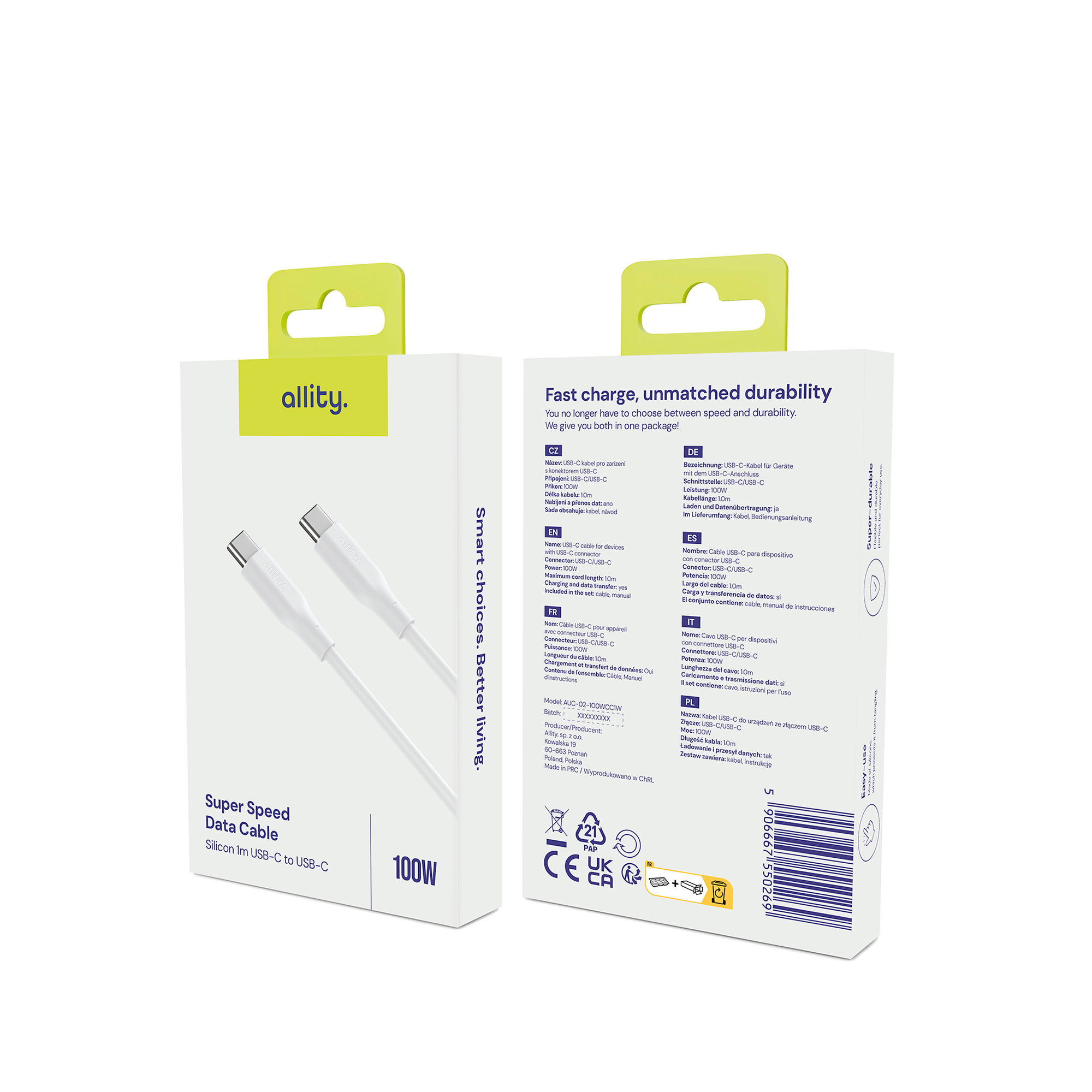 Białe pudełko z tekstem i kablem USB-C.
