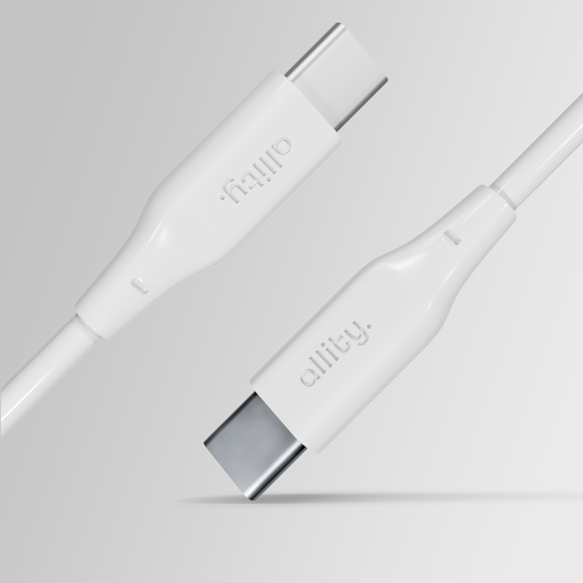 Dwa białe kable USB-C, nazwa marki allity. Białe tło.