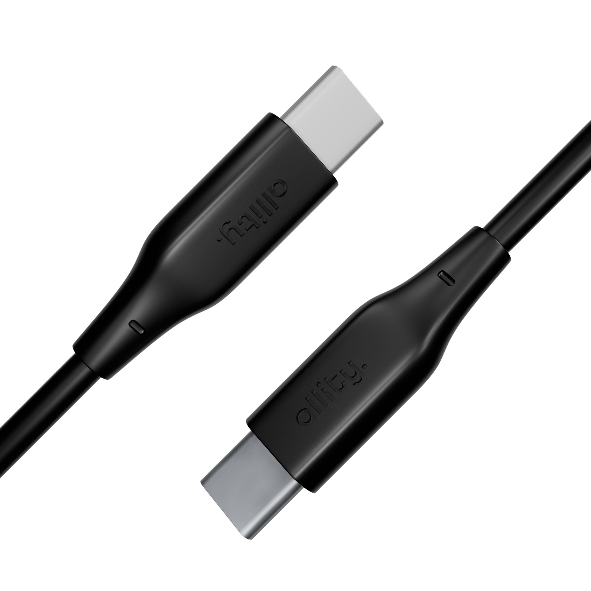 Czarny kabel USB-C. Dwa widoki przedstawiające złącze i konstrukcję kabla, na białym tle.