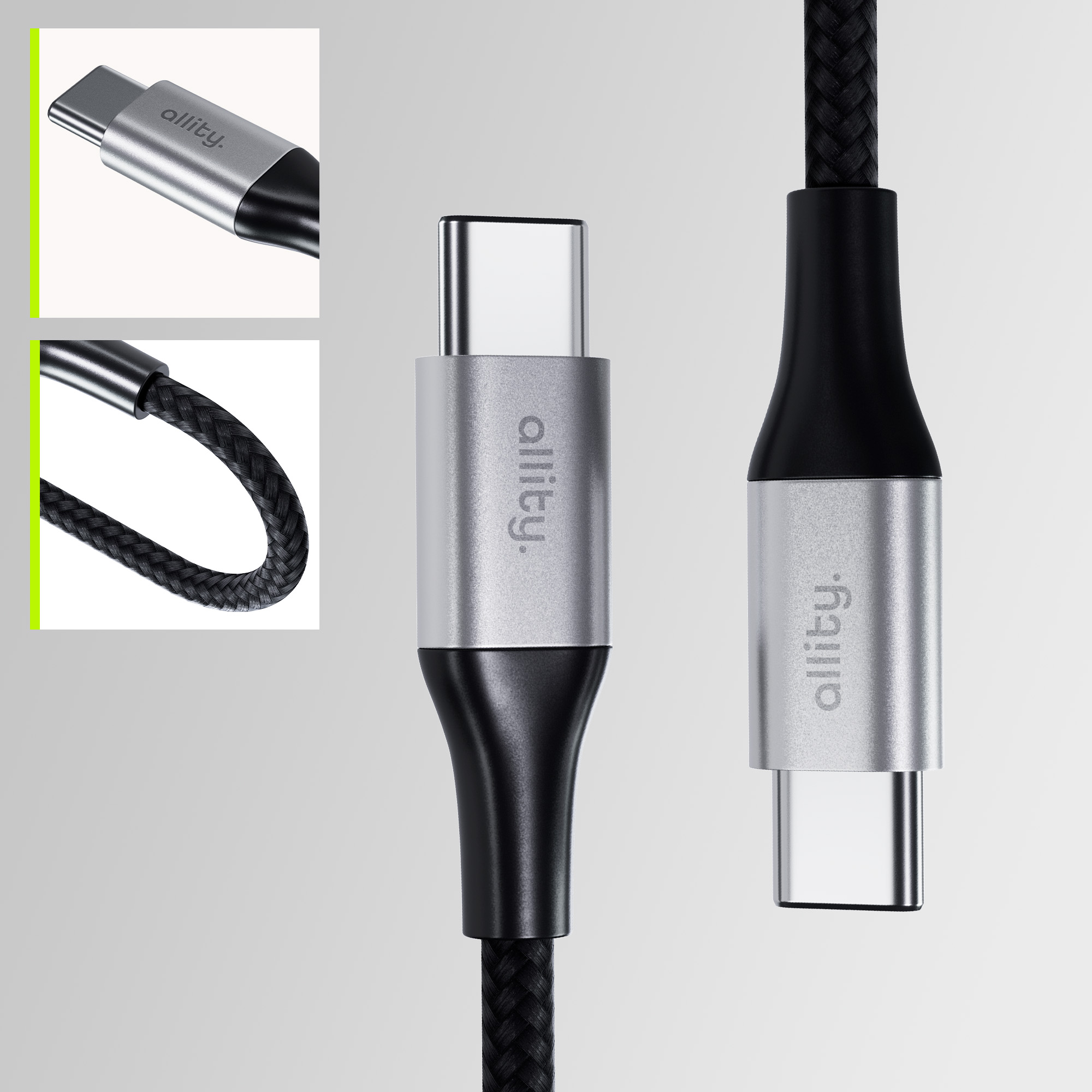 Kabel USB-C z wieloma widokami, szary i czarny, szczegóły splotu i złącza.