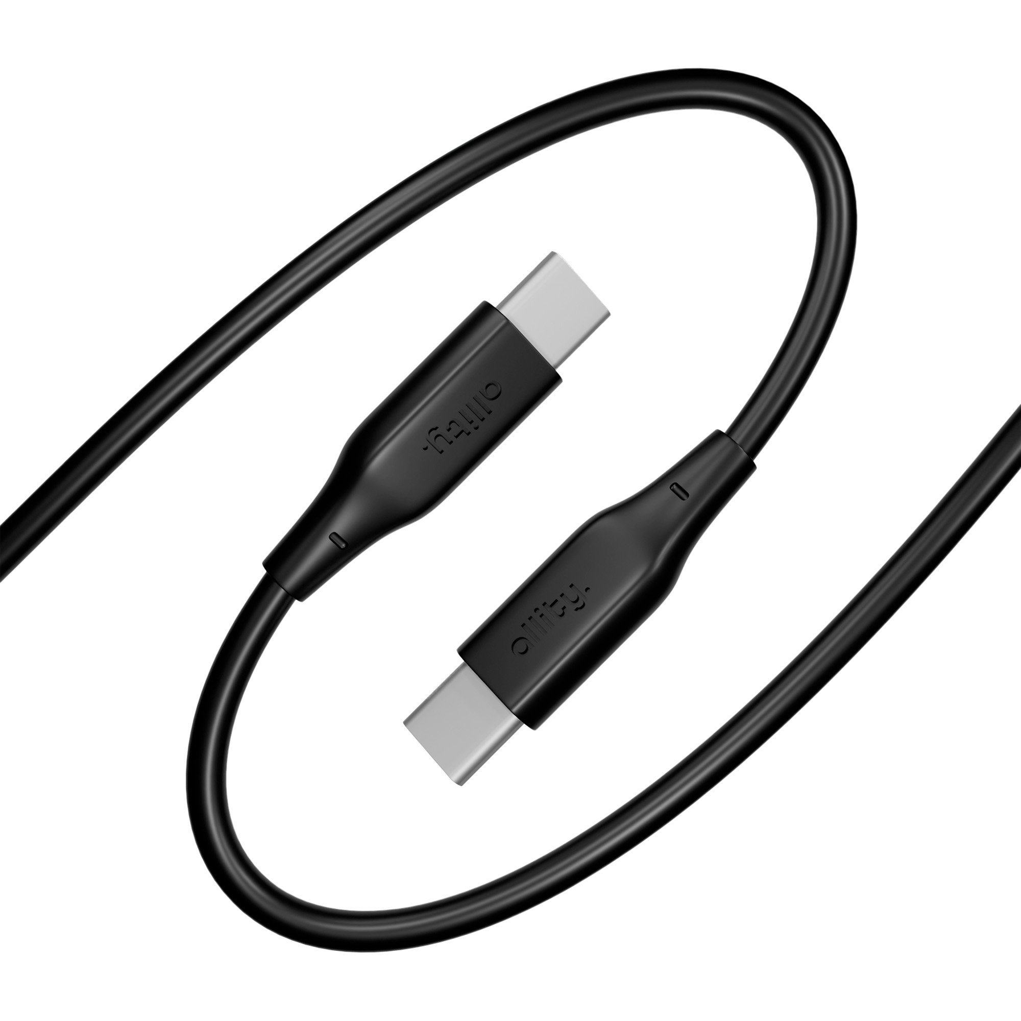 Pokazano czarny kabel USB-C. Jest zwinięty w pętlę na białym tle. Widoczna jest nazwa marki.