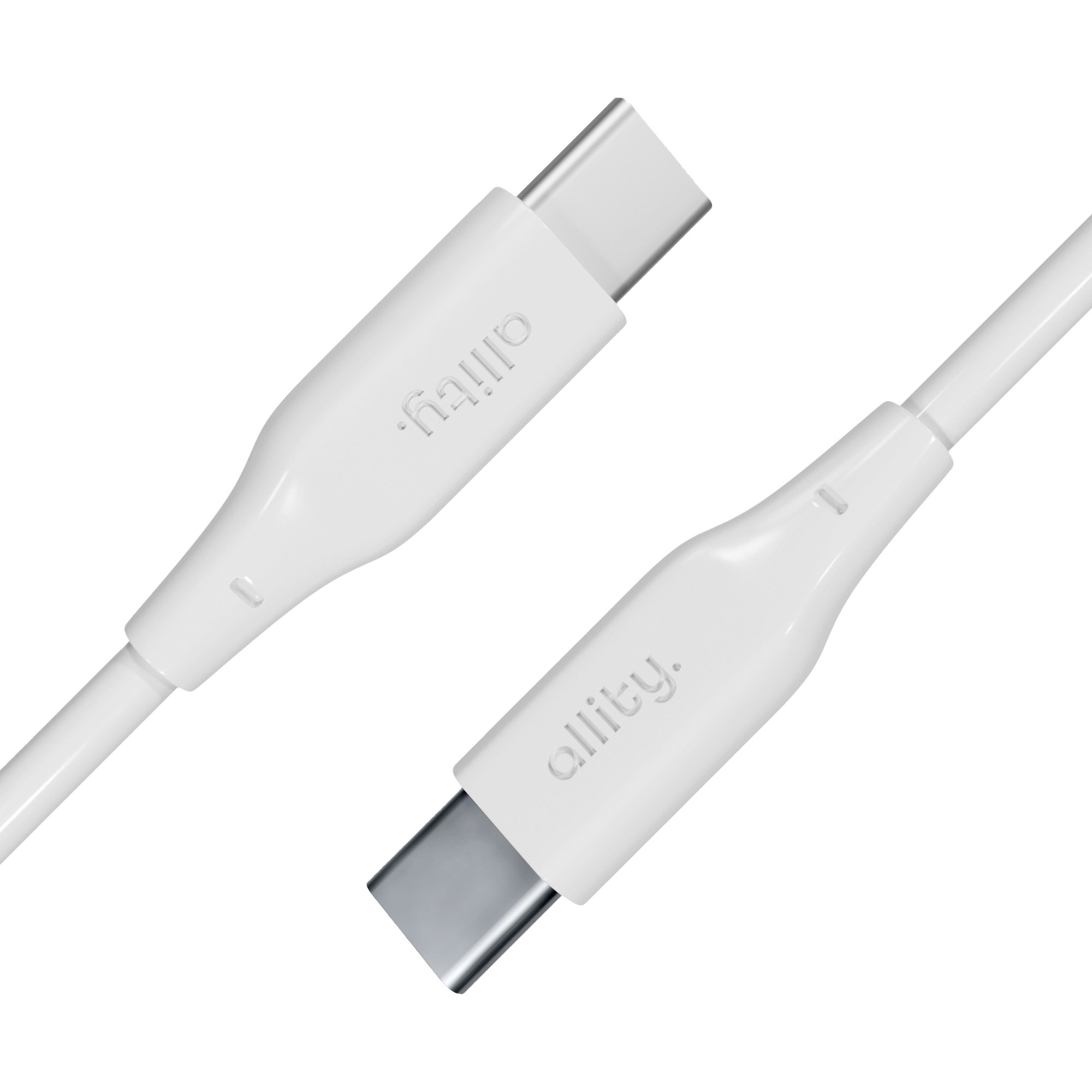 Dwa białe kable USB-C, marka allity., zbliżenie na białym tle.