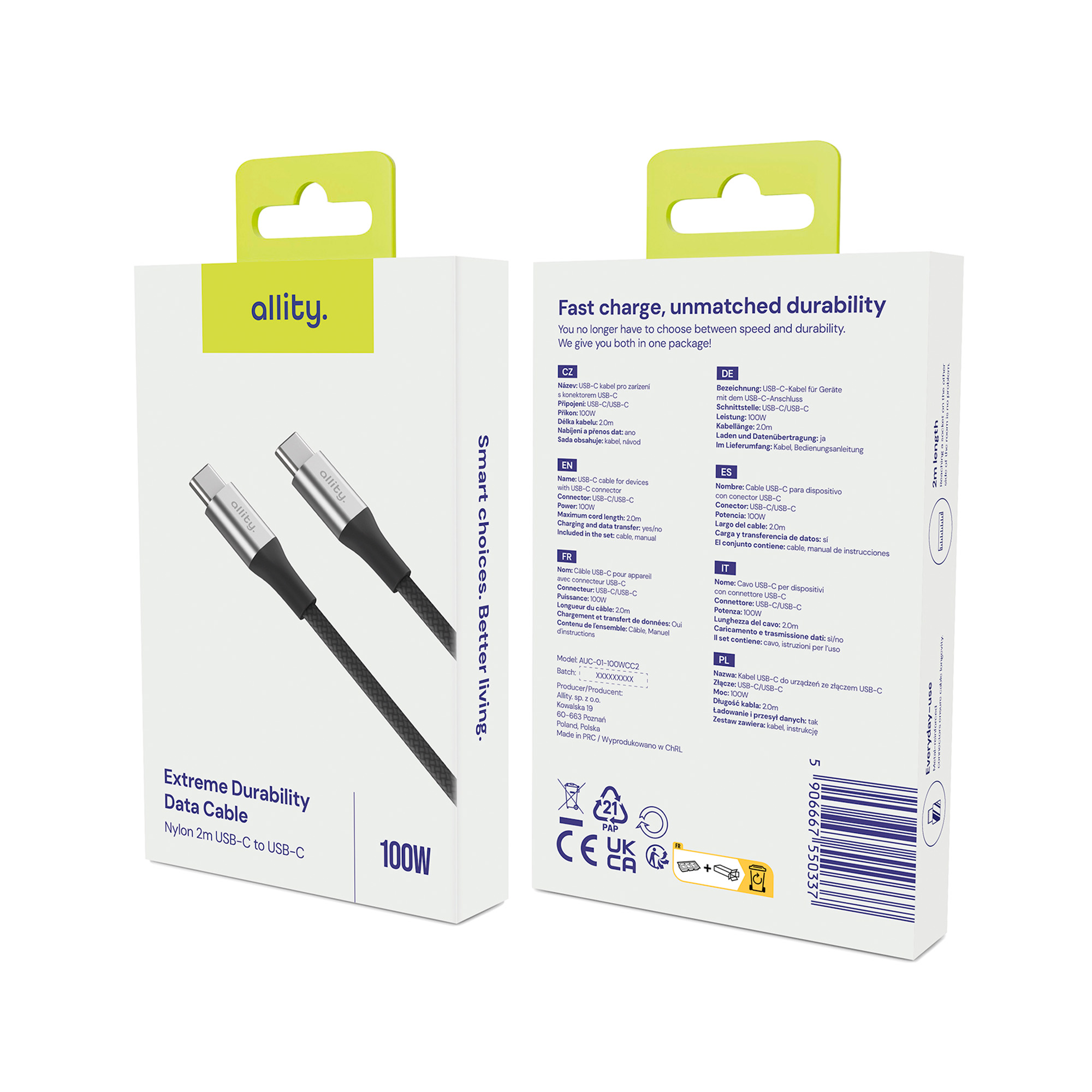 Biało-niebieskie pudełko kabla USB-C do USB-C, ze szczegółami produktu w wielu językach.