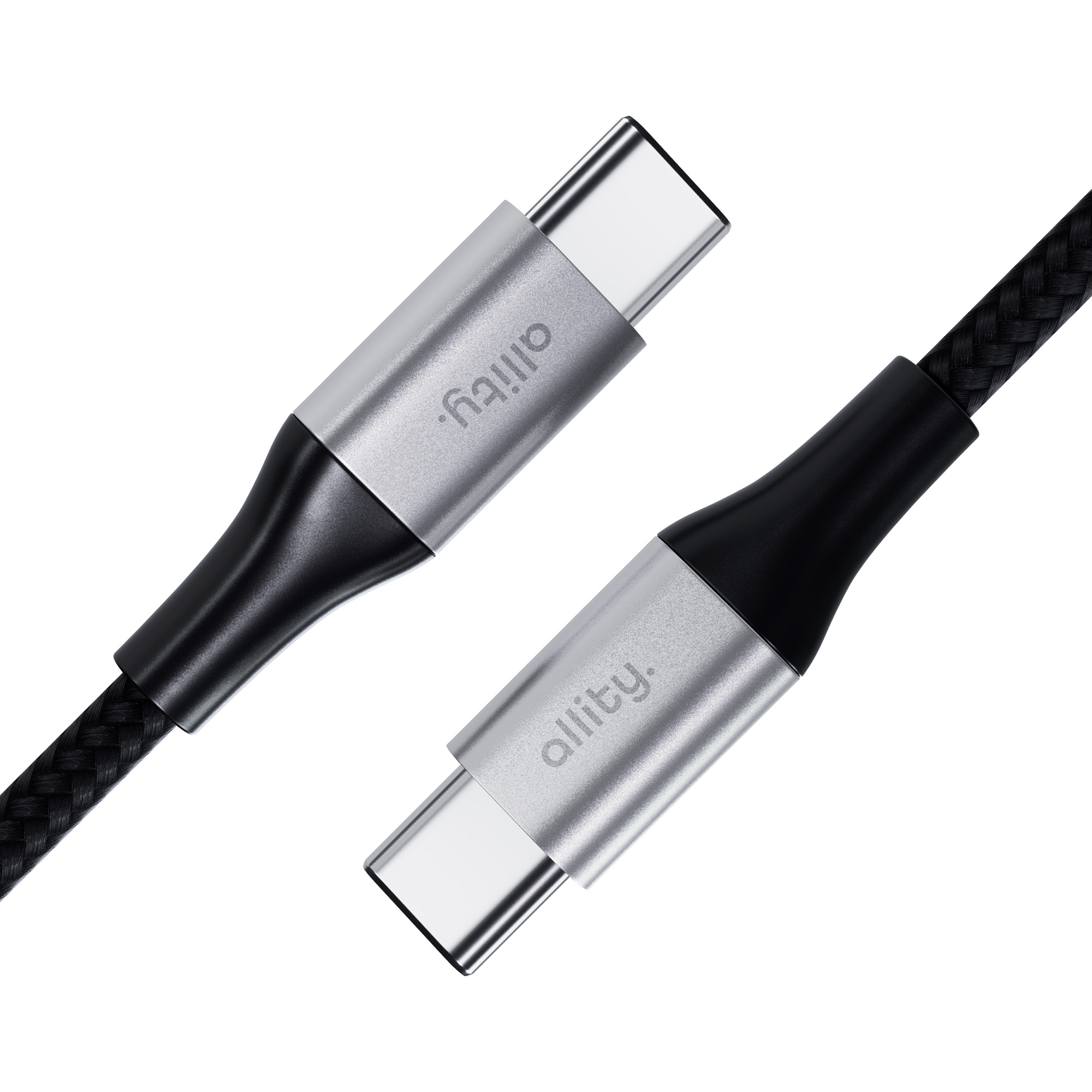 Dwa kable USB-C ze srebrnymi końcówkami, czarnymi złączami i czarnym plecionym kablem.