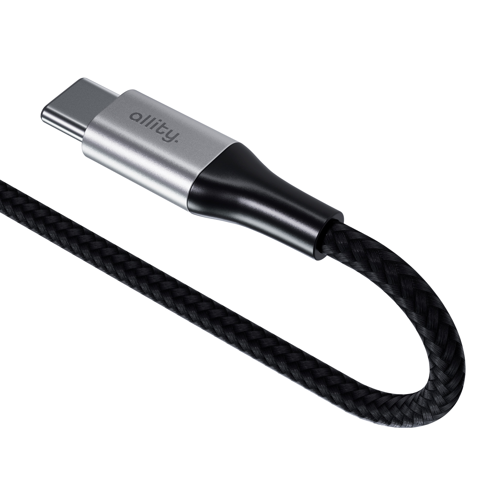 Czarny pleciony kabel USB-C ze srebrnym złączem. Kabel na białym tle.