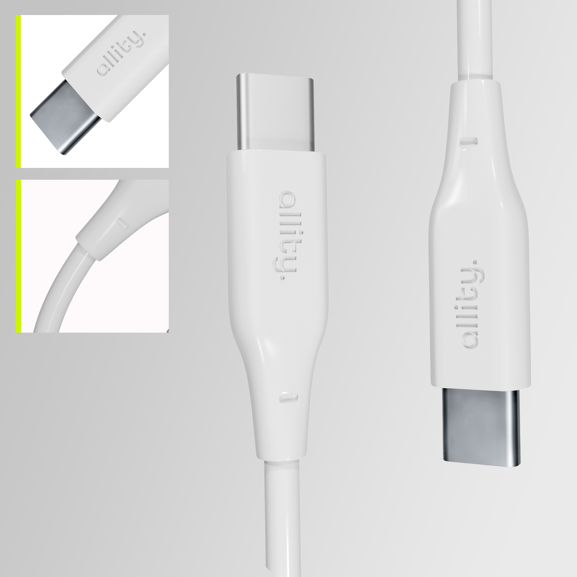 Biały kabel USB-C ze szczegółami, w tym zbliżenia złączy i kabla.