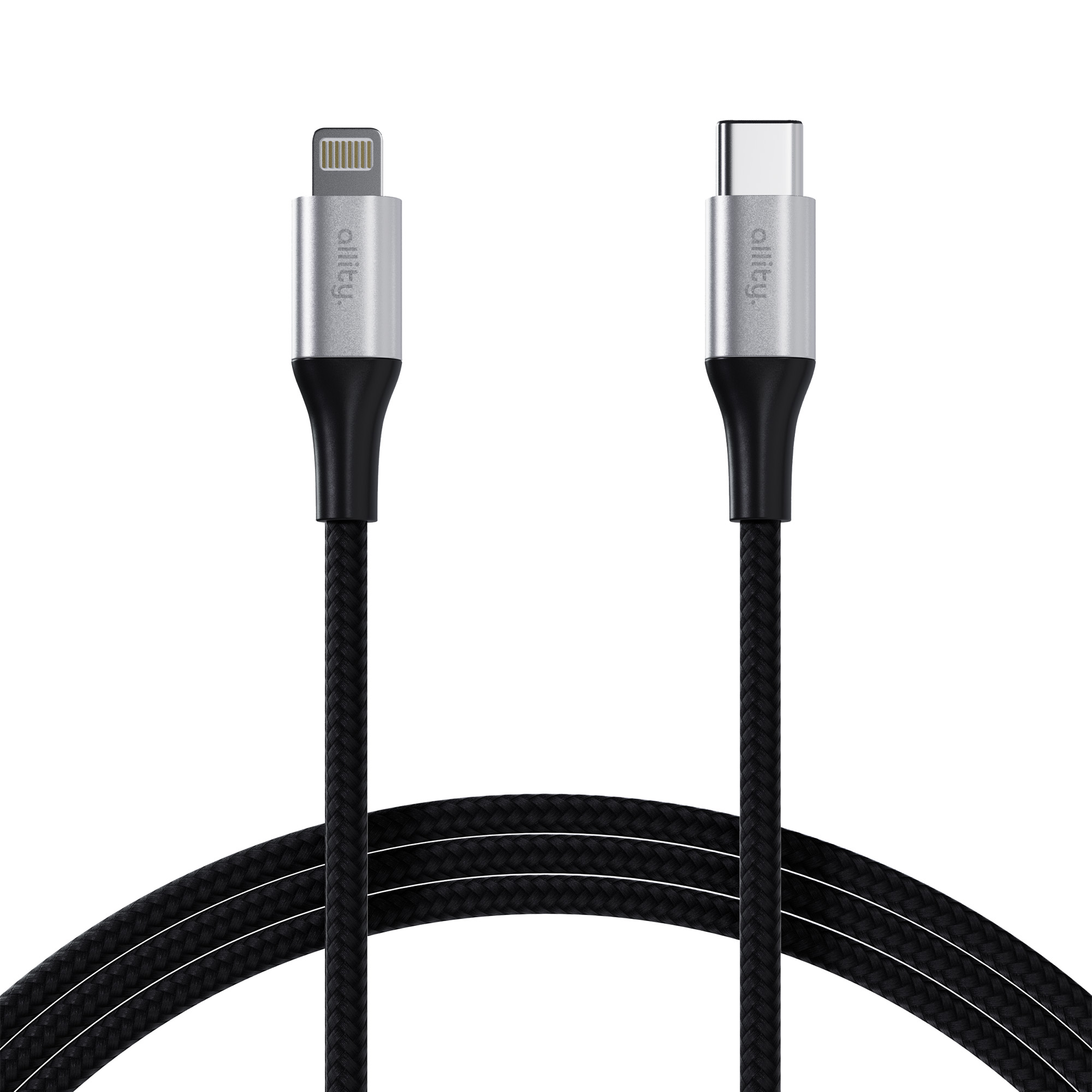 Dwa kable do ładowania, jeden ze złączem Lightning, a drugi ze złączem USB-C. Białe tło.