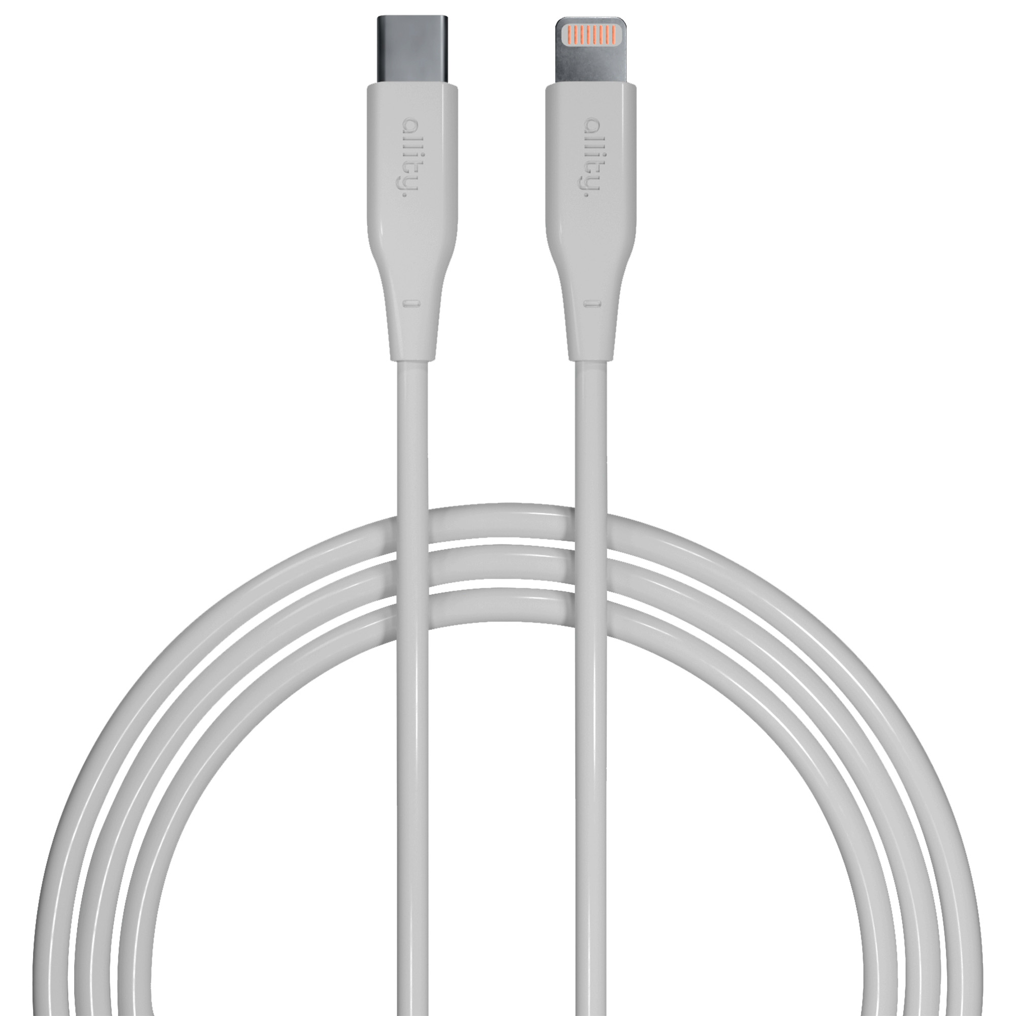 Białe kable ładujące ze złączem USB-C i Lightning. Kable są białe i zwinięte.