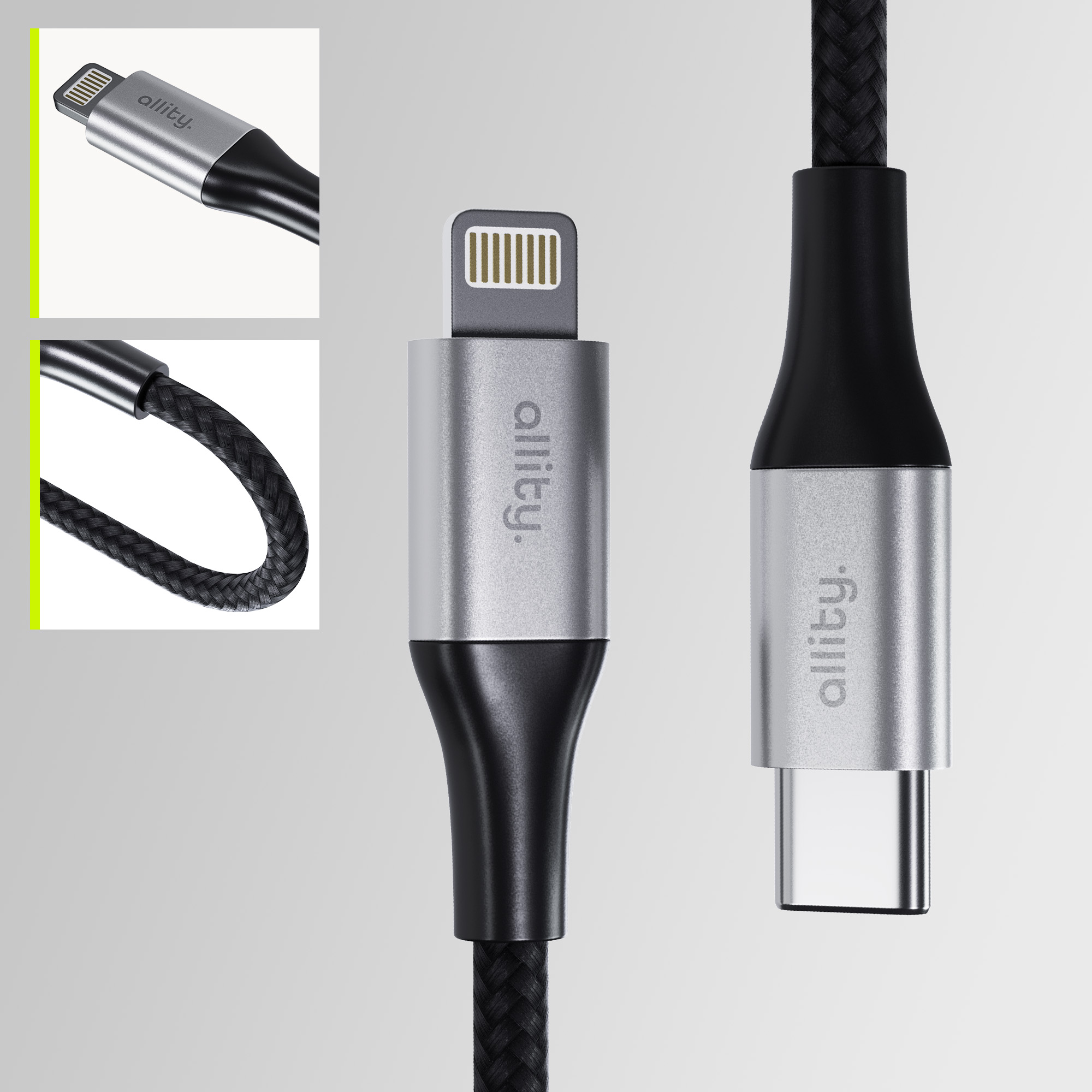 Zbliżenie dwóch kabli USB: Lightning i USB-C, z metalowymi złączami i czarnymi kablami.