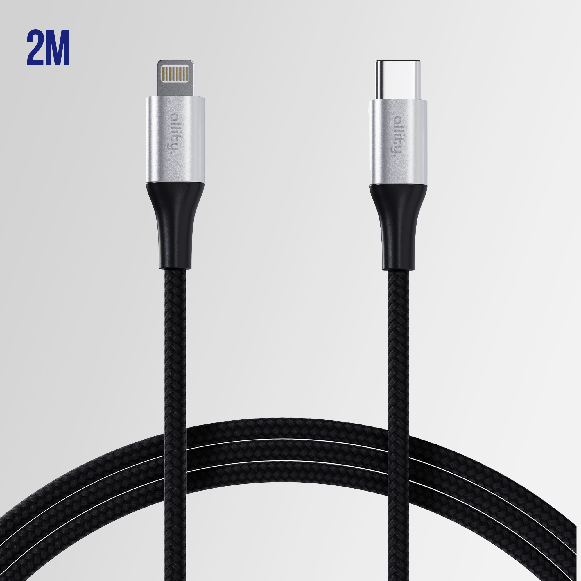 Dwa kable ładujące, jeden Lightning, jeden USB-C, oba czarne, ze srebrnymi złączami, na białym tle.