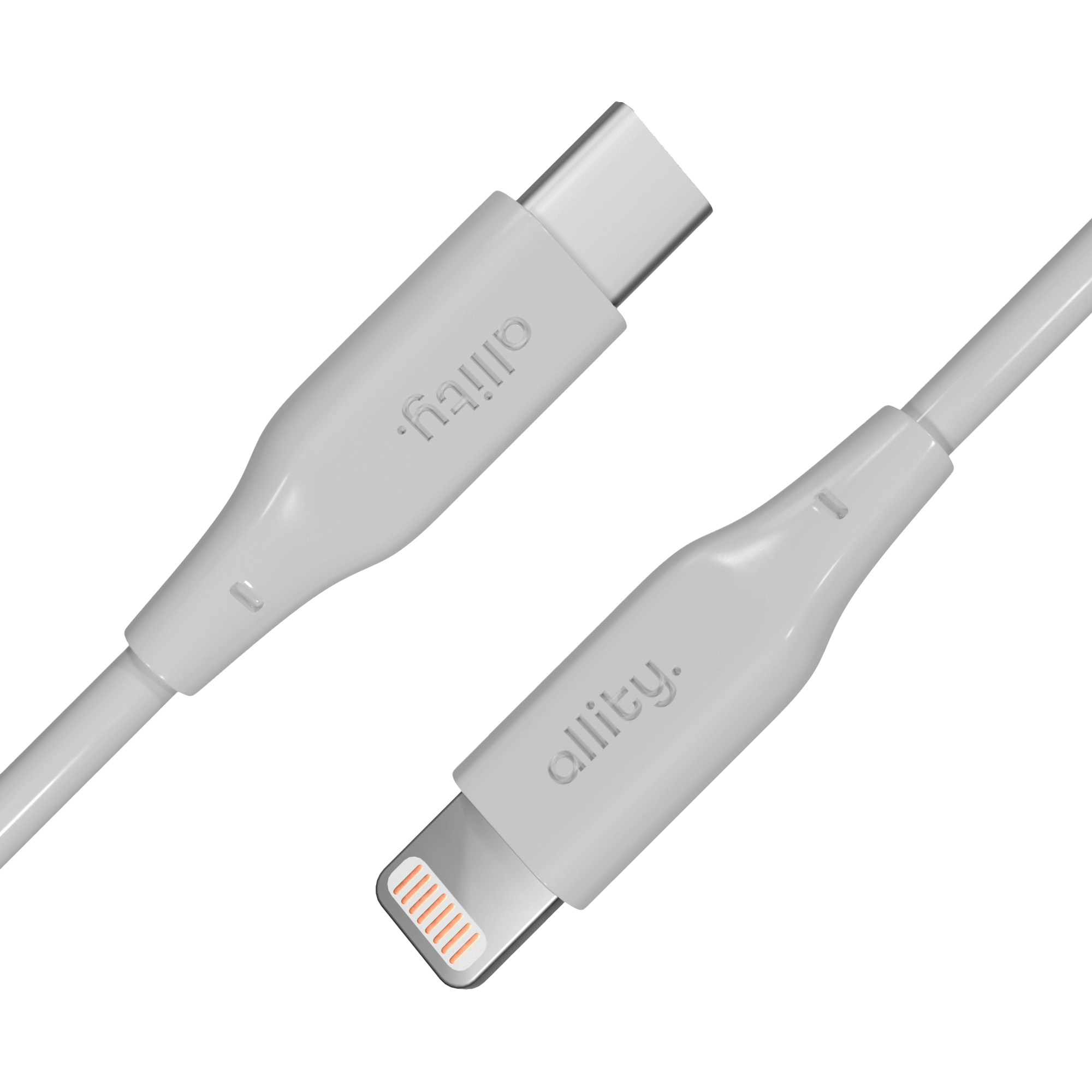 Biały kabel USB-C do Lightning, z nazwą marki 'allity.' wydrukowaną na złączach.