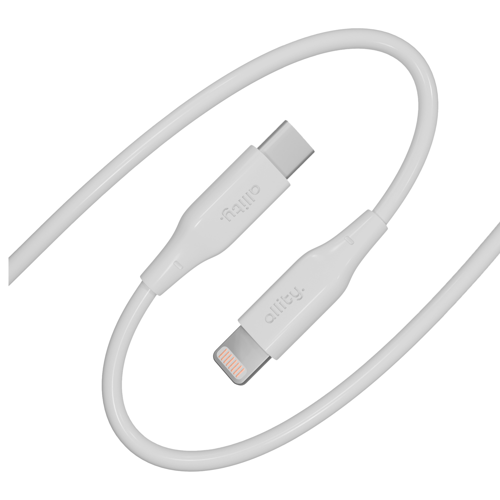 Biały kabel ładujący z dwoma złączami. Jedno to USB-C, drugie to złącze Lightning.