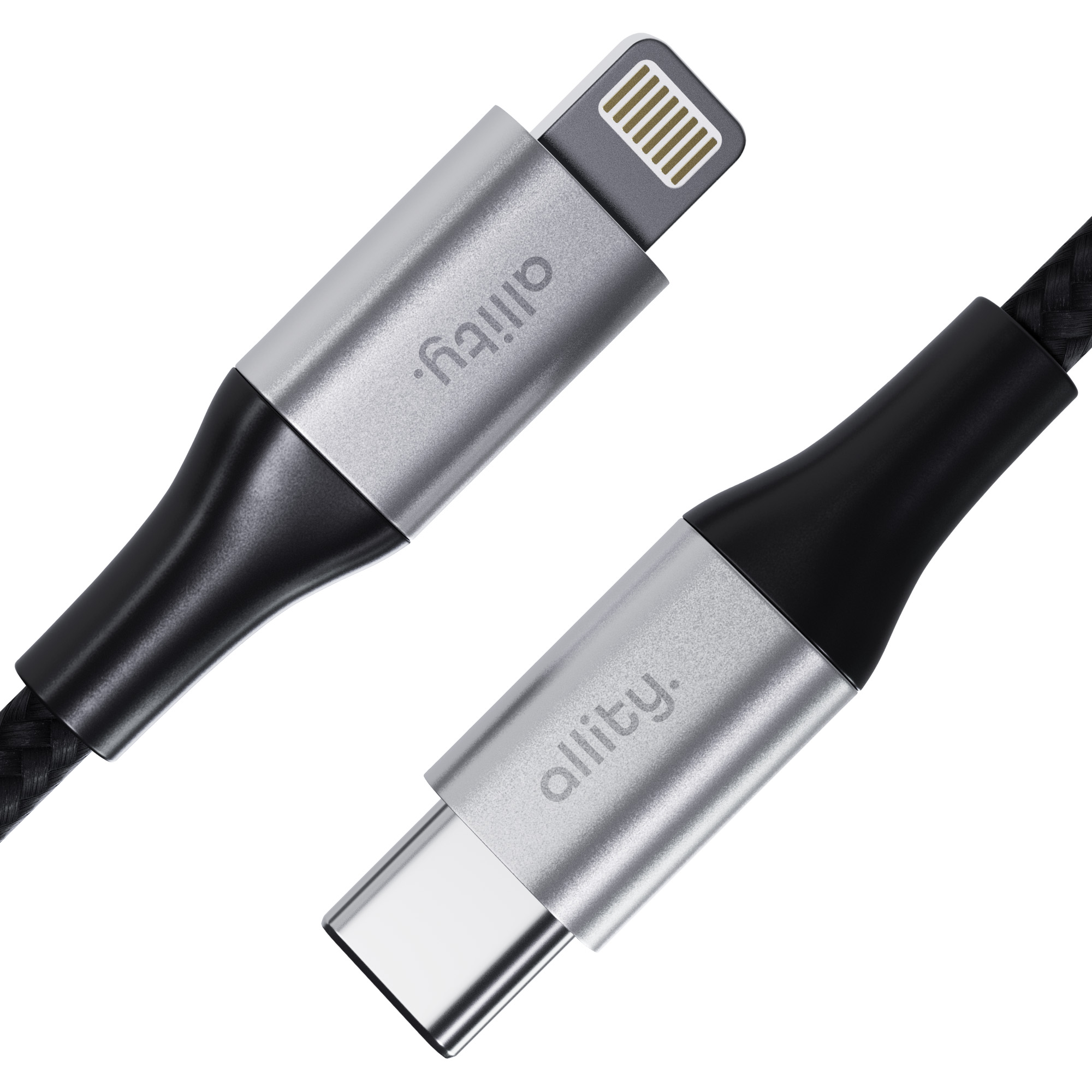 Srebrno-czarny kabel ładujący ze złączem Lightning i USB-C.