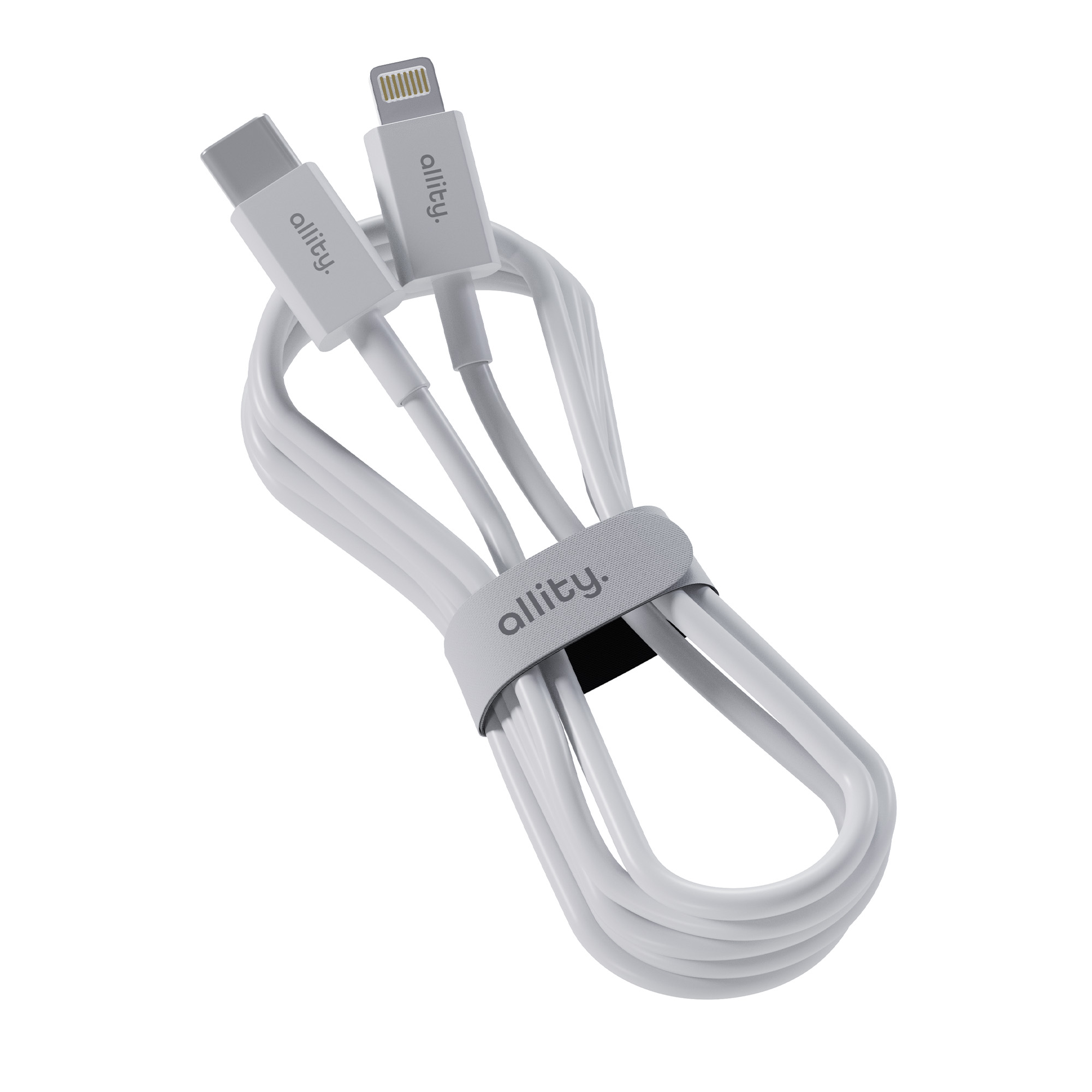 Białe kable ładujące ze złączami USB-C i Lightning, zabezpieczone szarym paskiem.