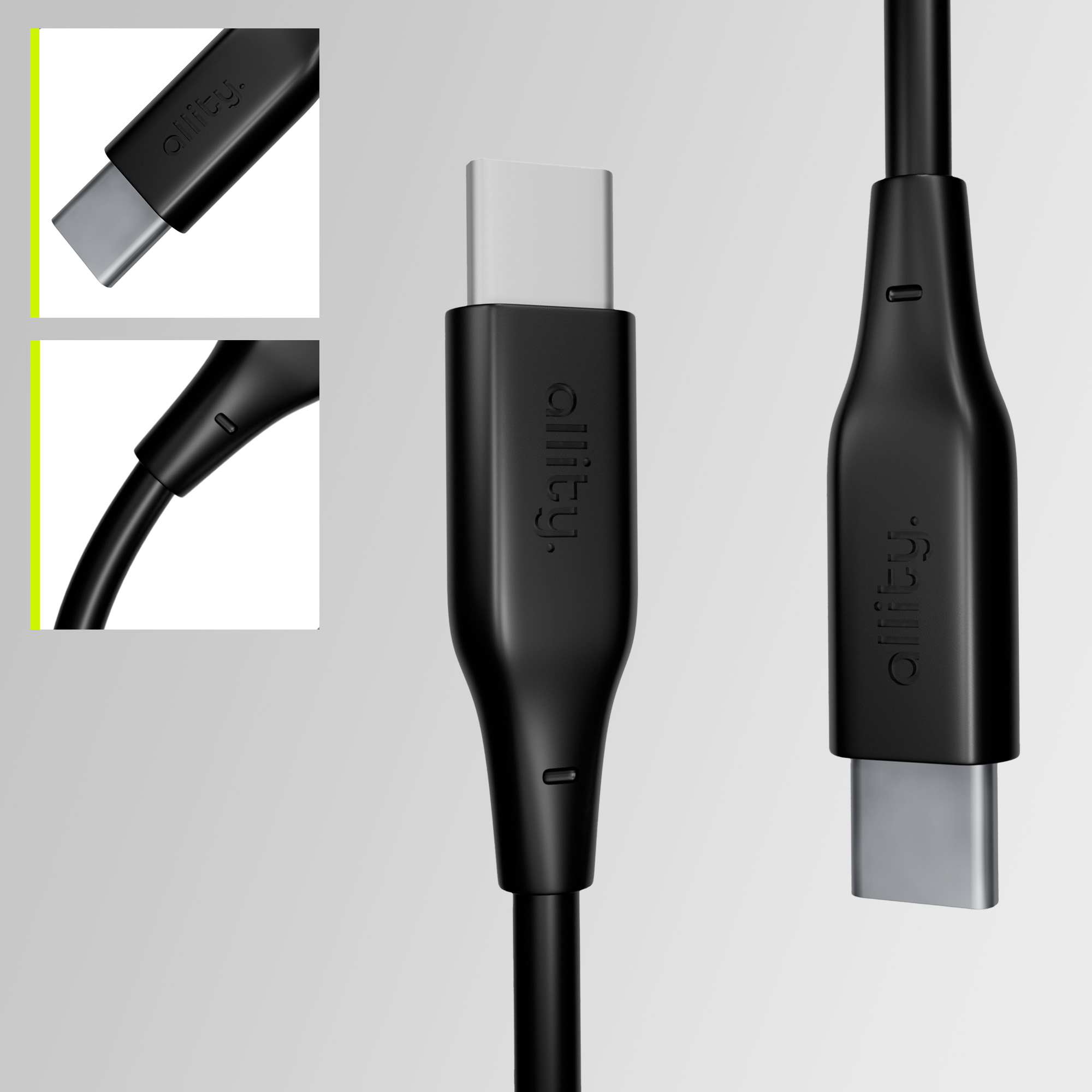 Czarny kabel USB-C na jasnoszarym tle. Szczegóły złącza i kabla z bliska.