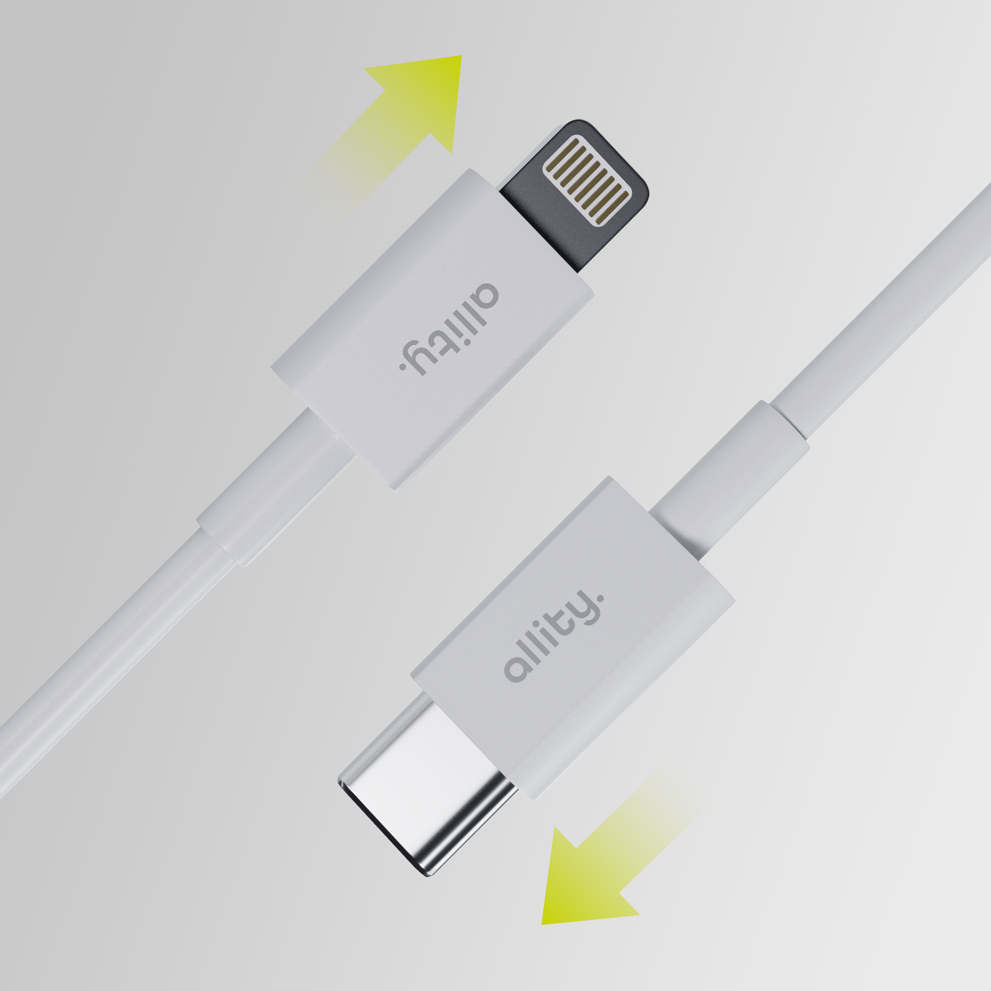 Biały kabel allity z wtyczkami Lightning i USB-C. Żółte strzałki wskazują kierunek wpinania.