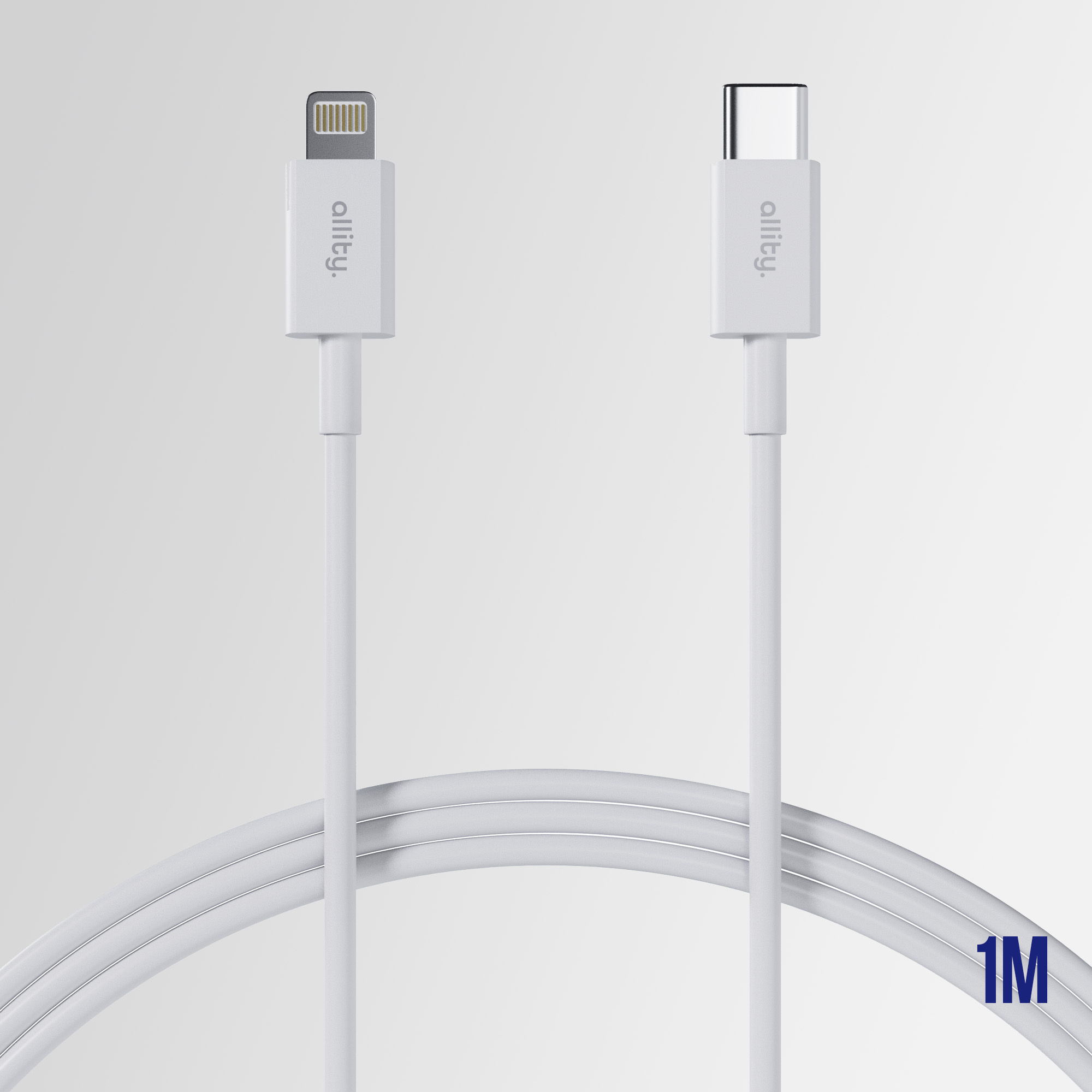Dwa białe kable ładujące, jeden Lightning, jeden USB-C, na białym tle, etykieta 1M.