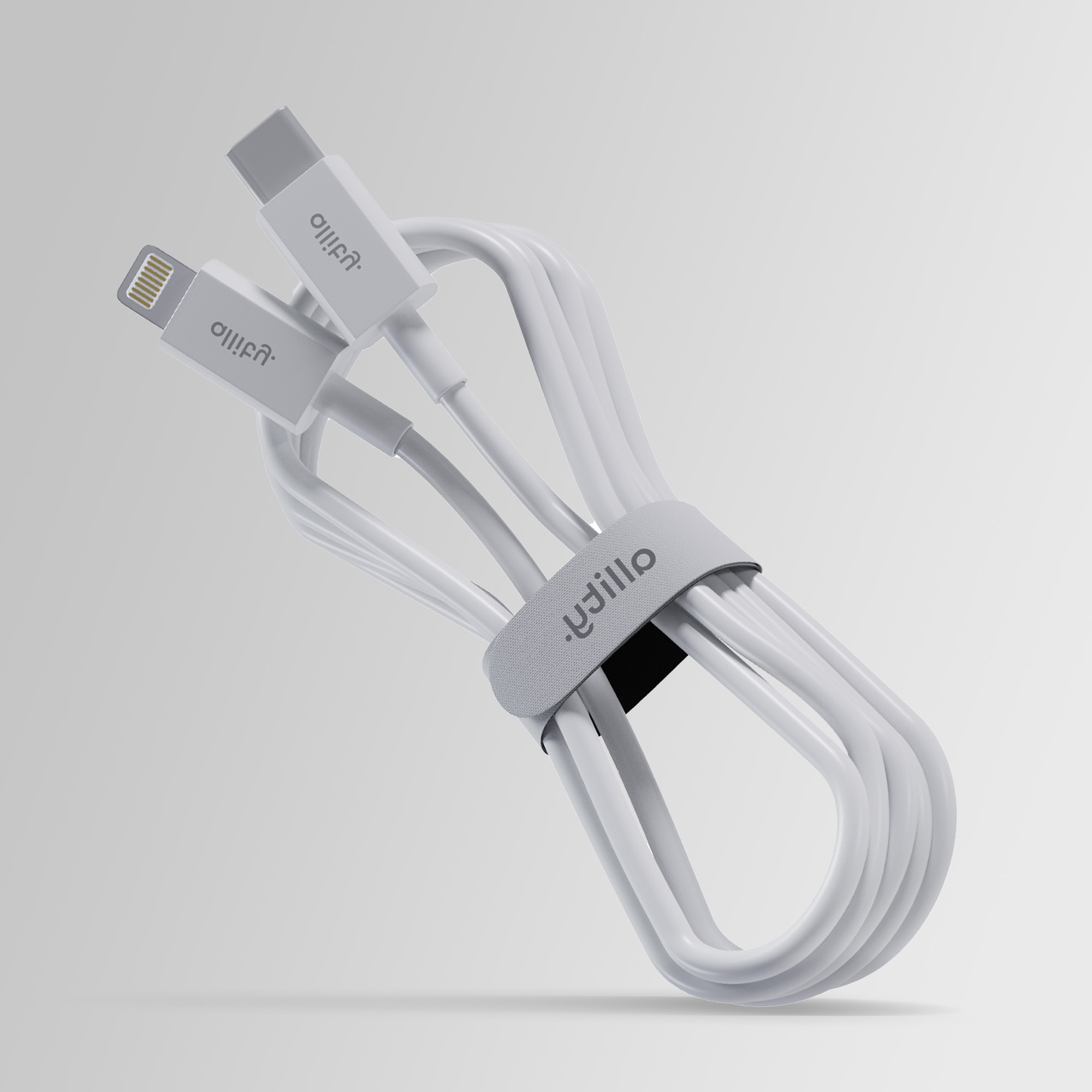 Białe kable ładujące z USB-C i złączem Lightning, zabezpieczone szarym paskiem.